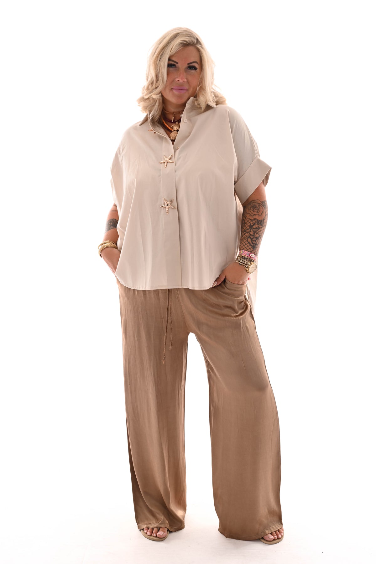 Wijde broek silky lichtbruin
