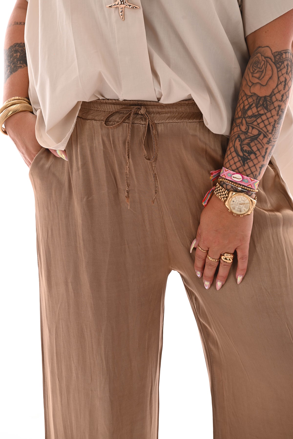 Wijde broek silky lichtbruin