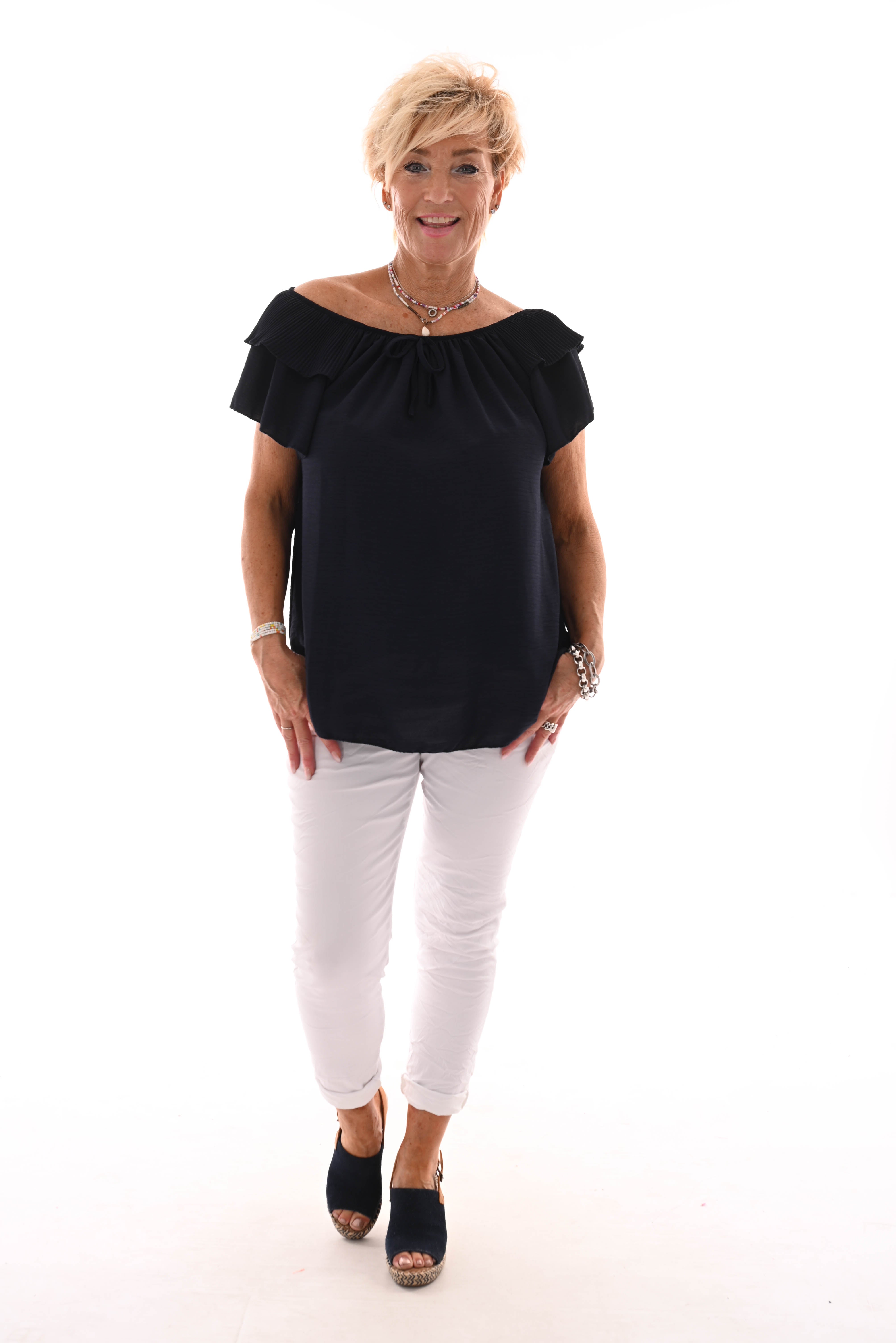 Top geplooide kraag uni marineblauw