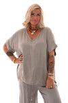 Top silky korte mouwen v-hals taupe