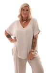 Top silky korte mouwen v-hals beige