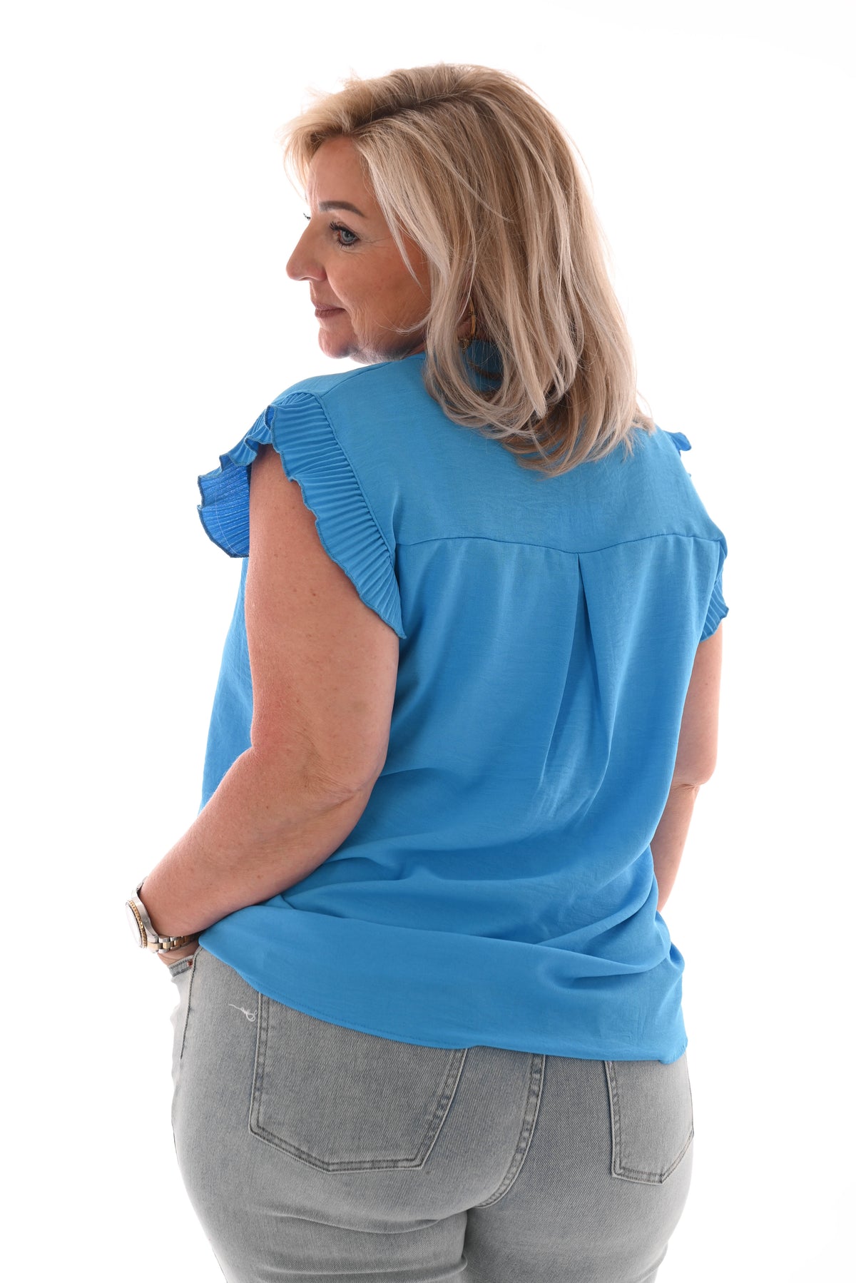 Top v-hals korte plisse mouwen blauw