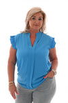 Top v-hals korte plisse mouwen blauw