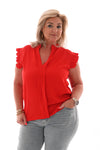 Top v-hals korte plisse mouwen rood
