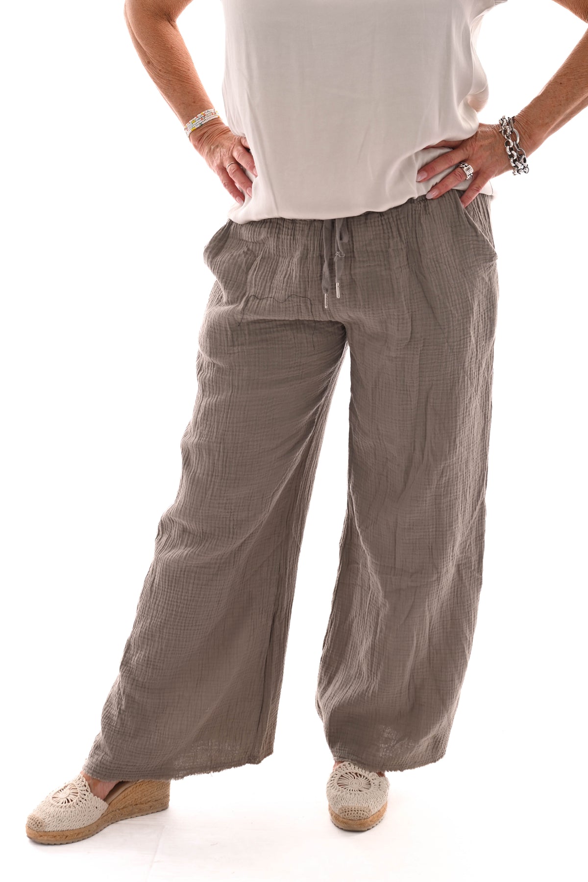 Wijde broek wafel uni taupe