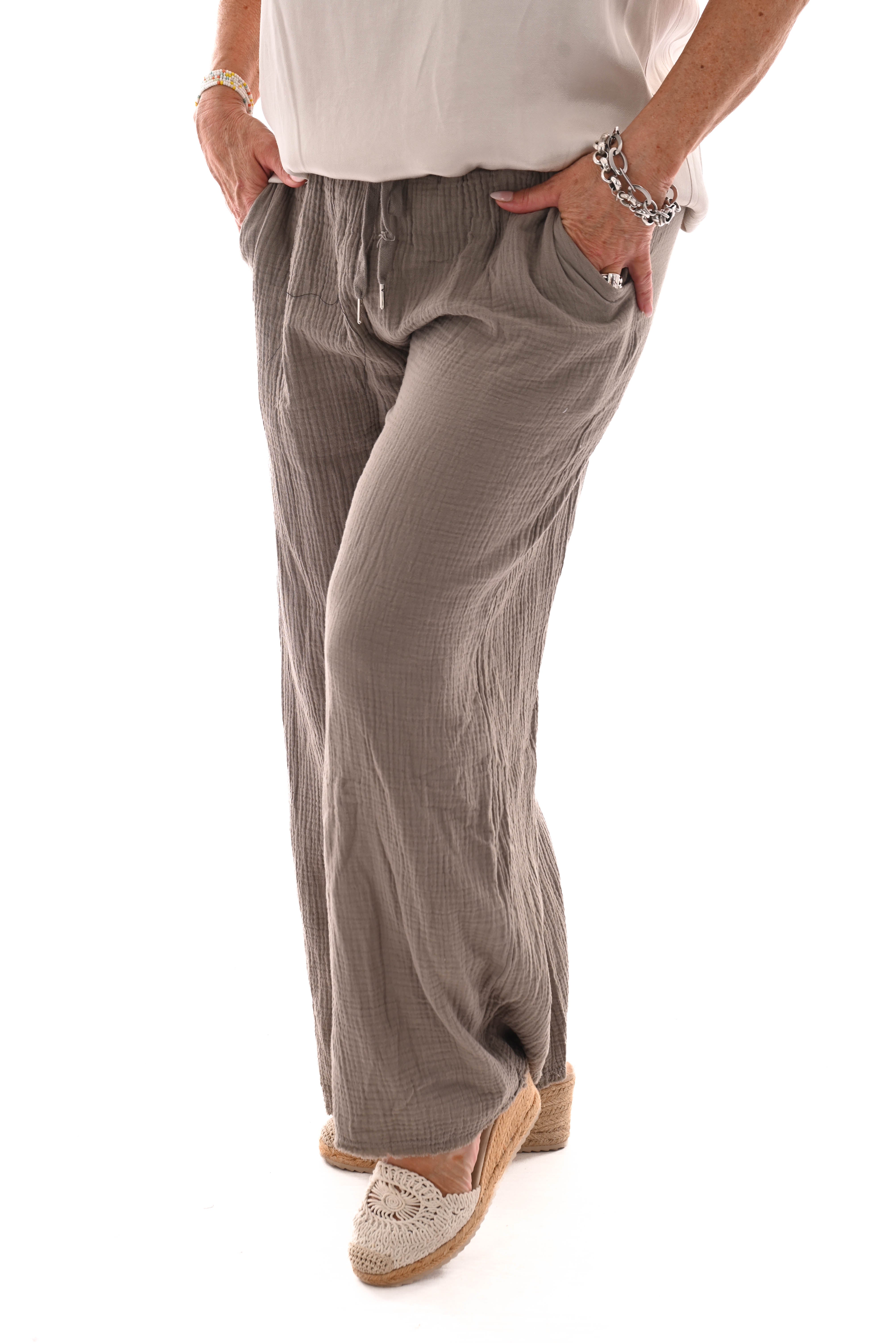 Wijde broek wafel uni taupe