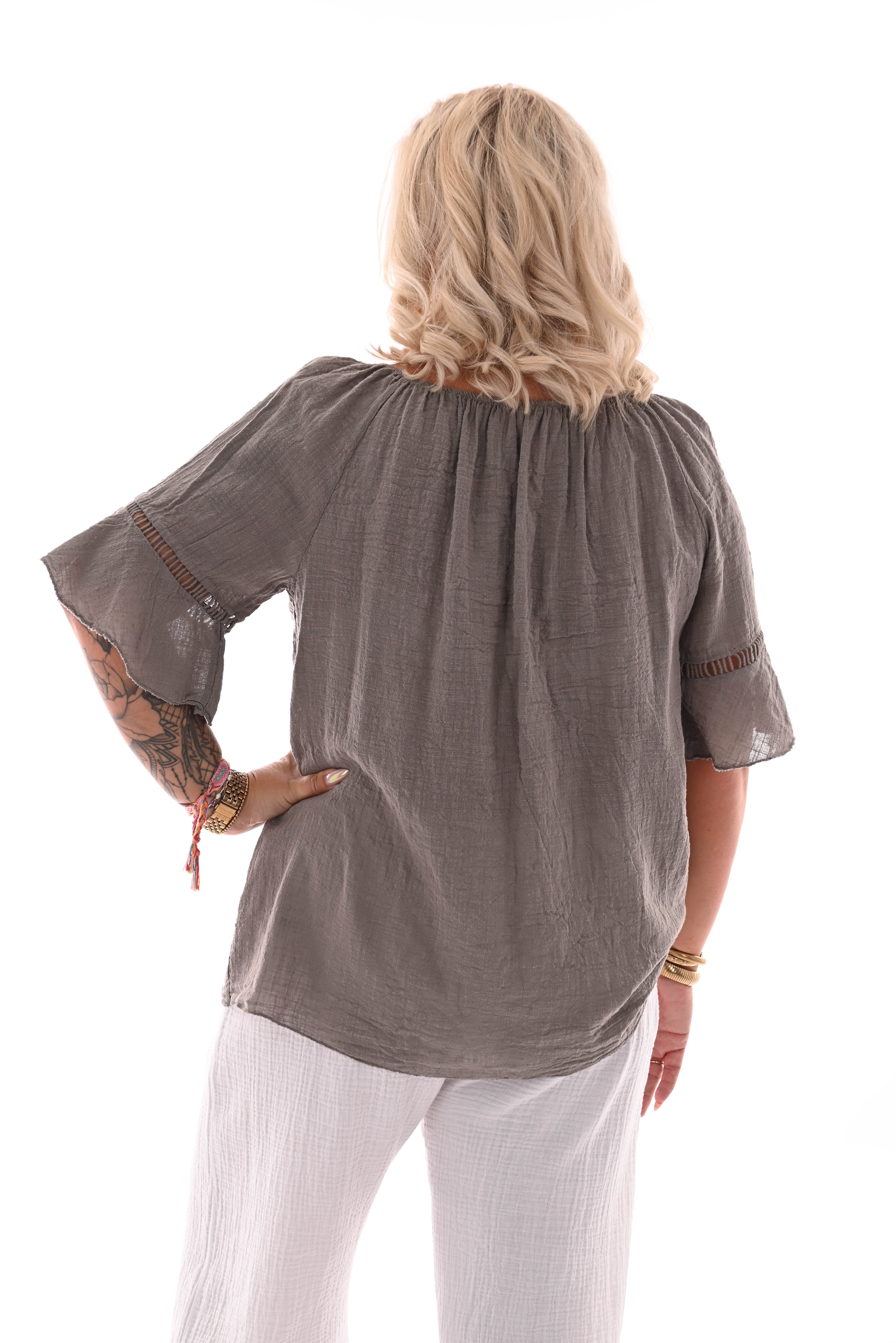 Katoenen top 3/4e mouwen taupe
