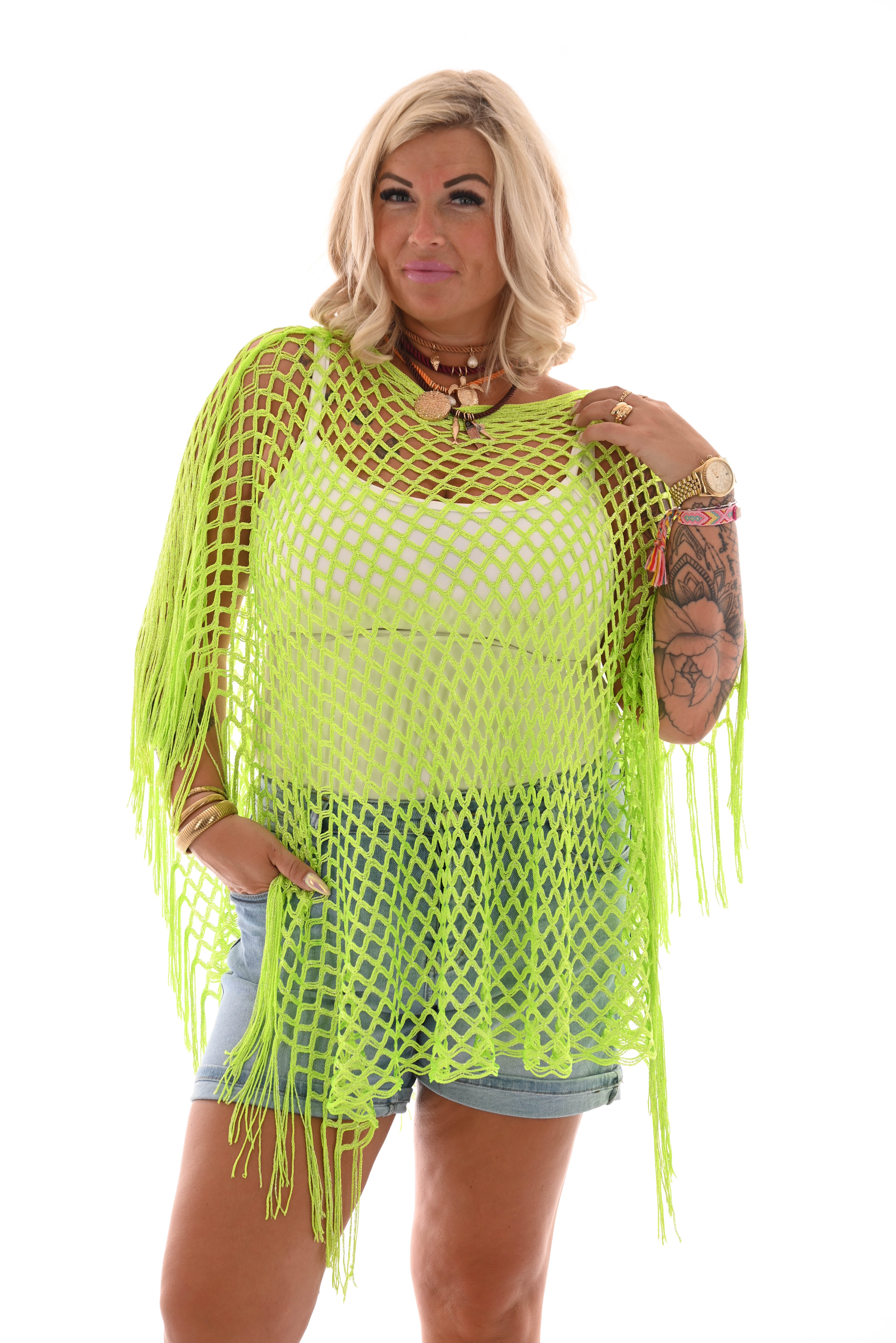 Poncho gehaakt met franjes lime