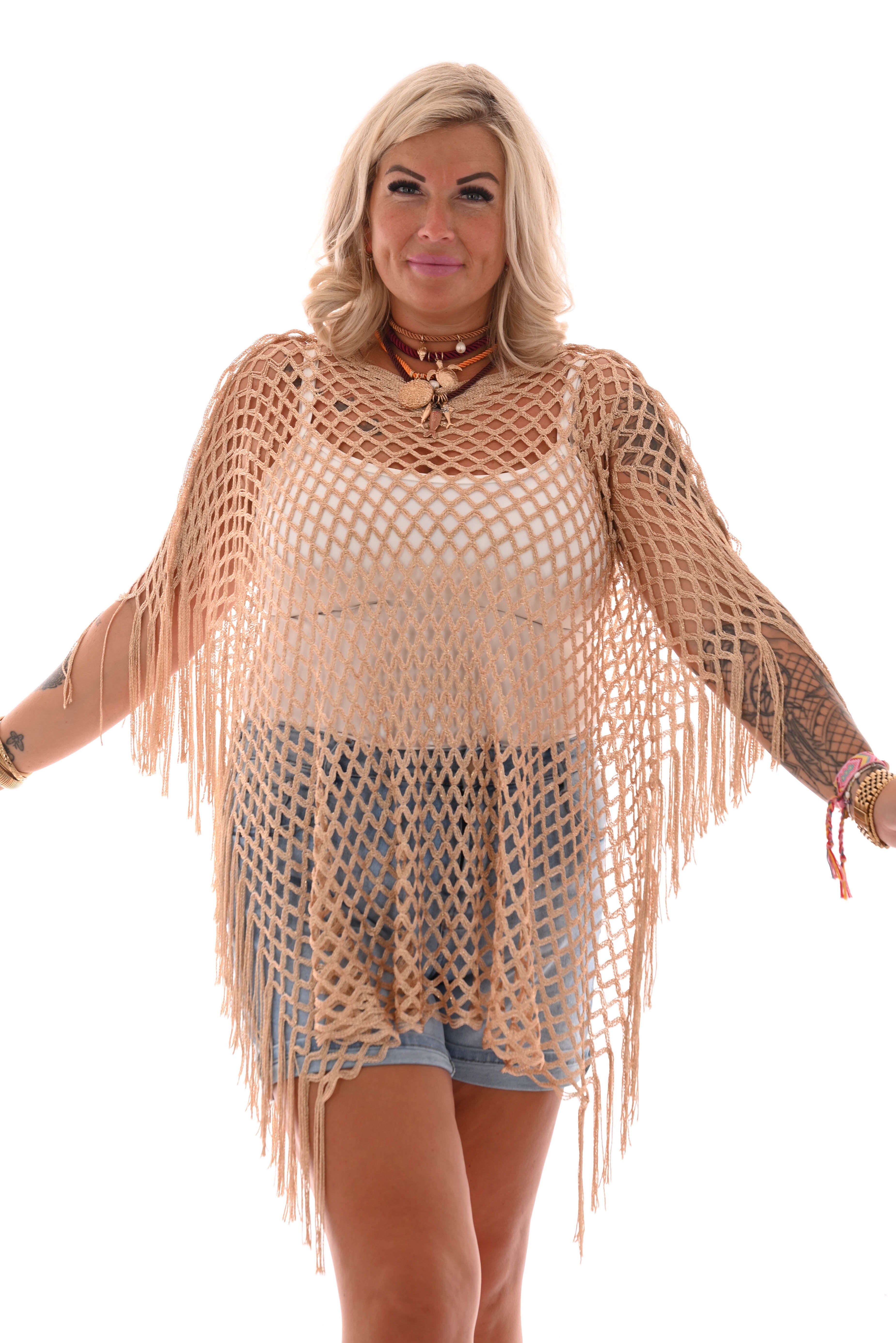 Poncho gehaakt met franjes goud