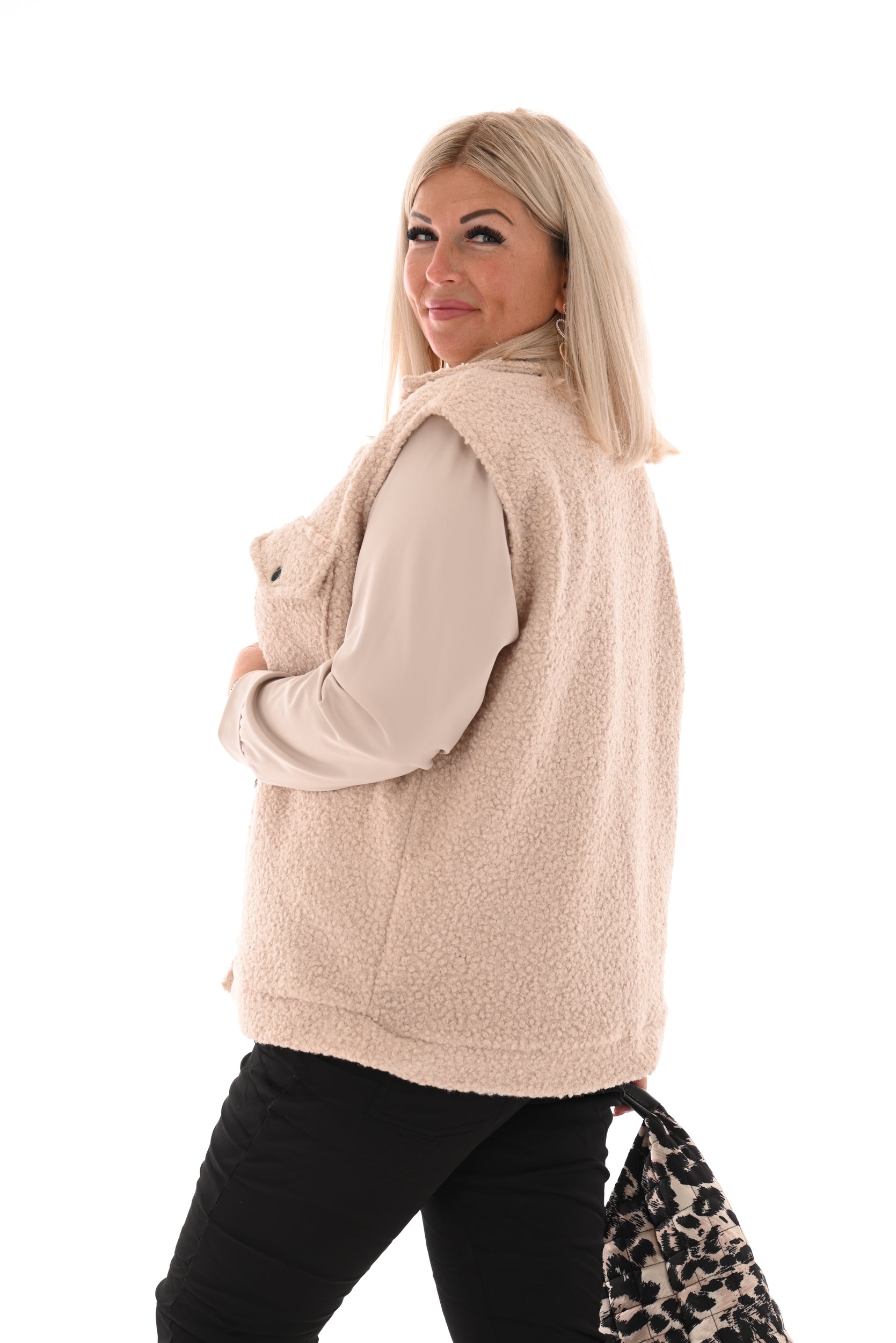 Teddy gilet borstzak met knoop beige