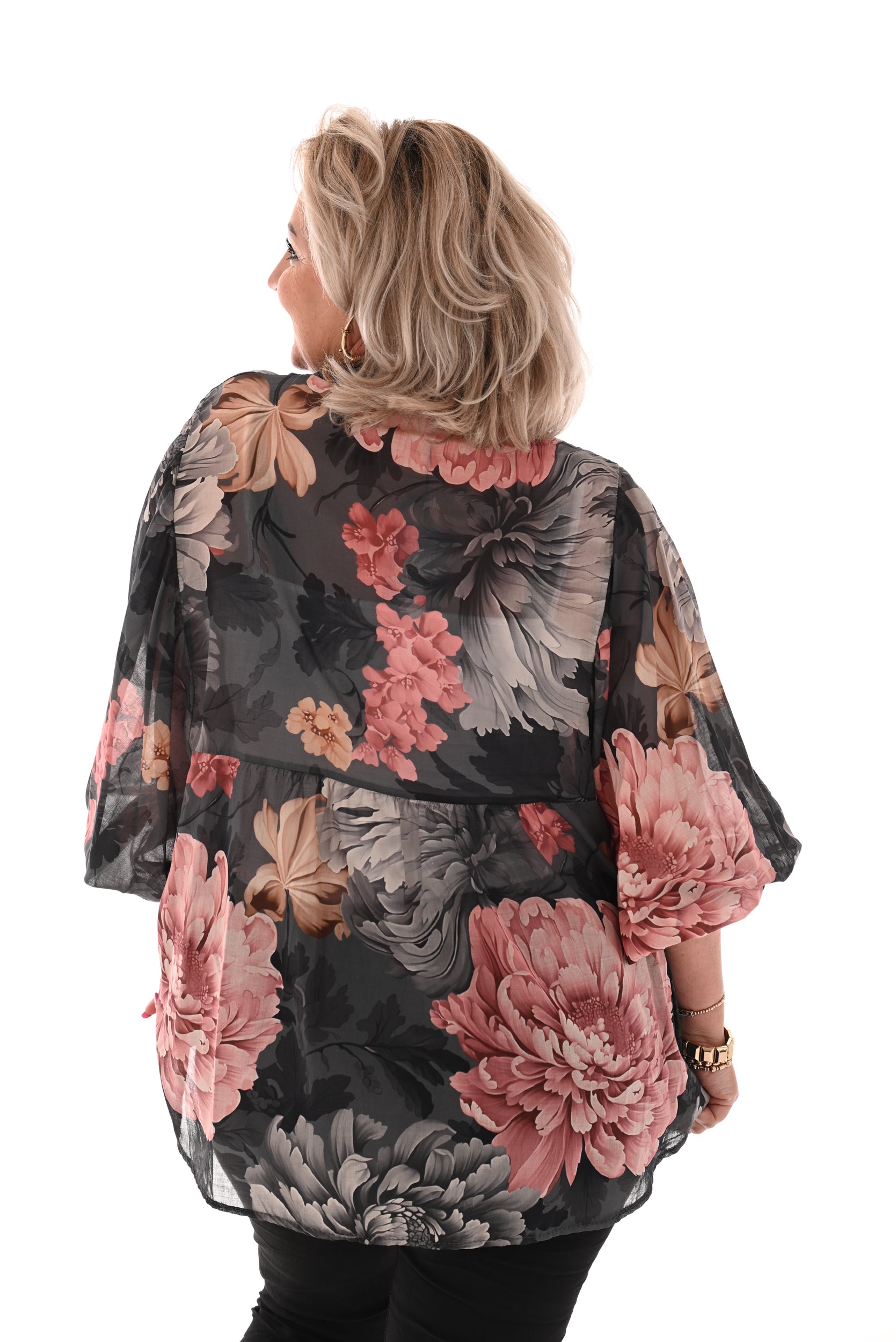 Blouse pofmouwen flower roze/grijs