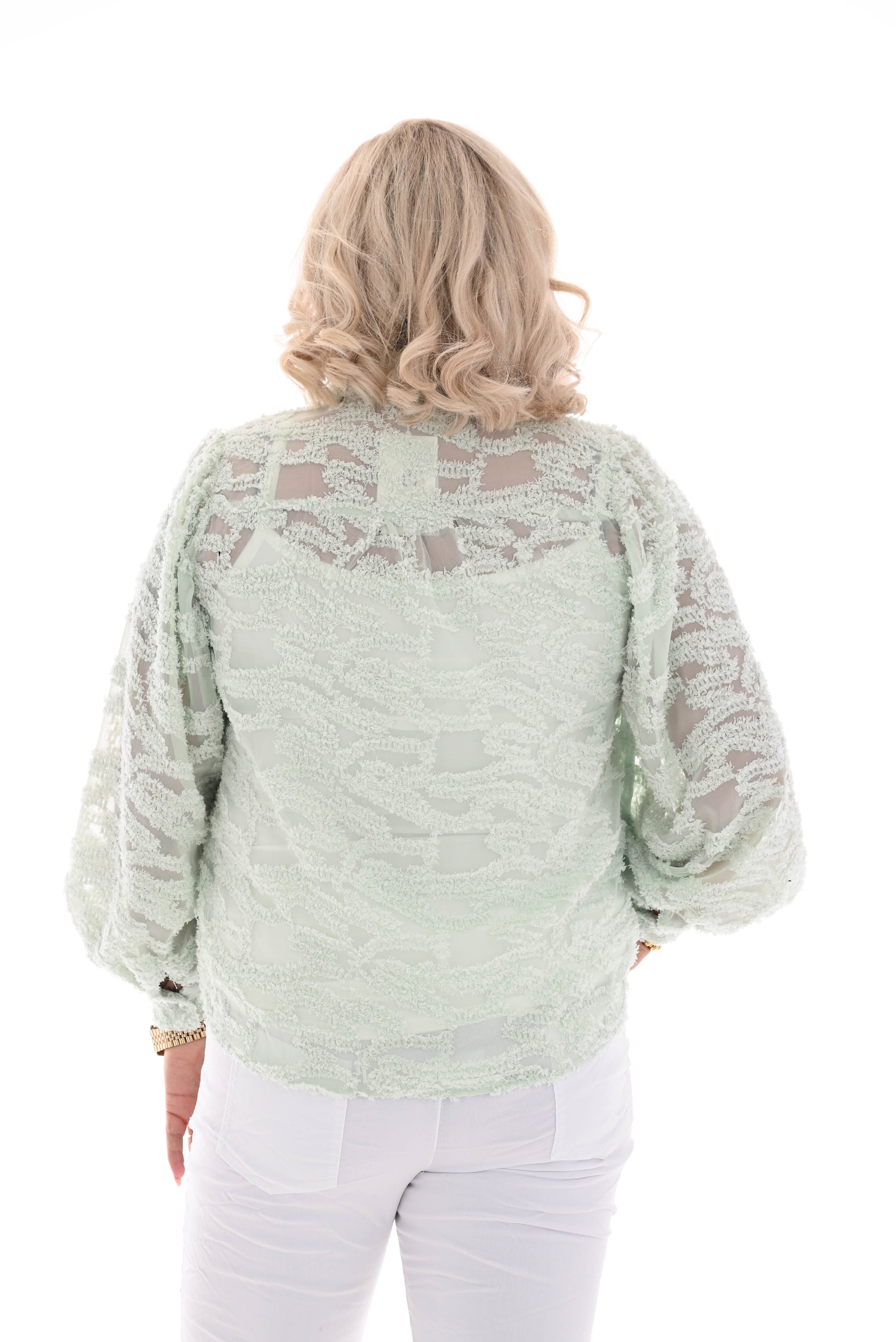 Korte doorknoop blouse rafel lichtgroen