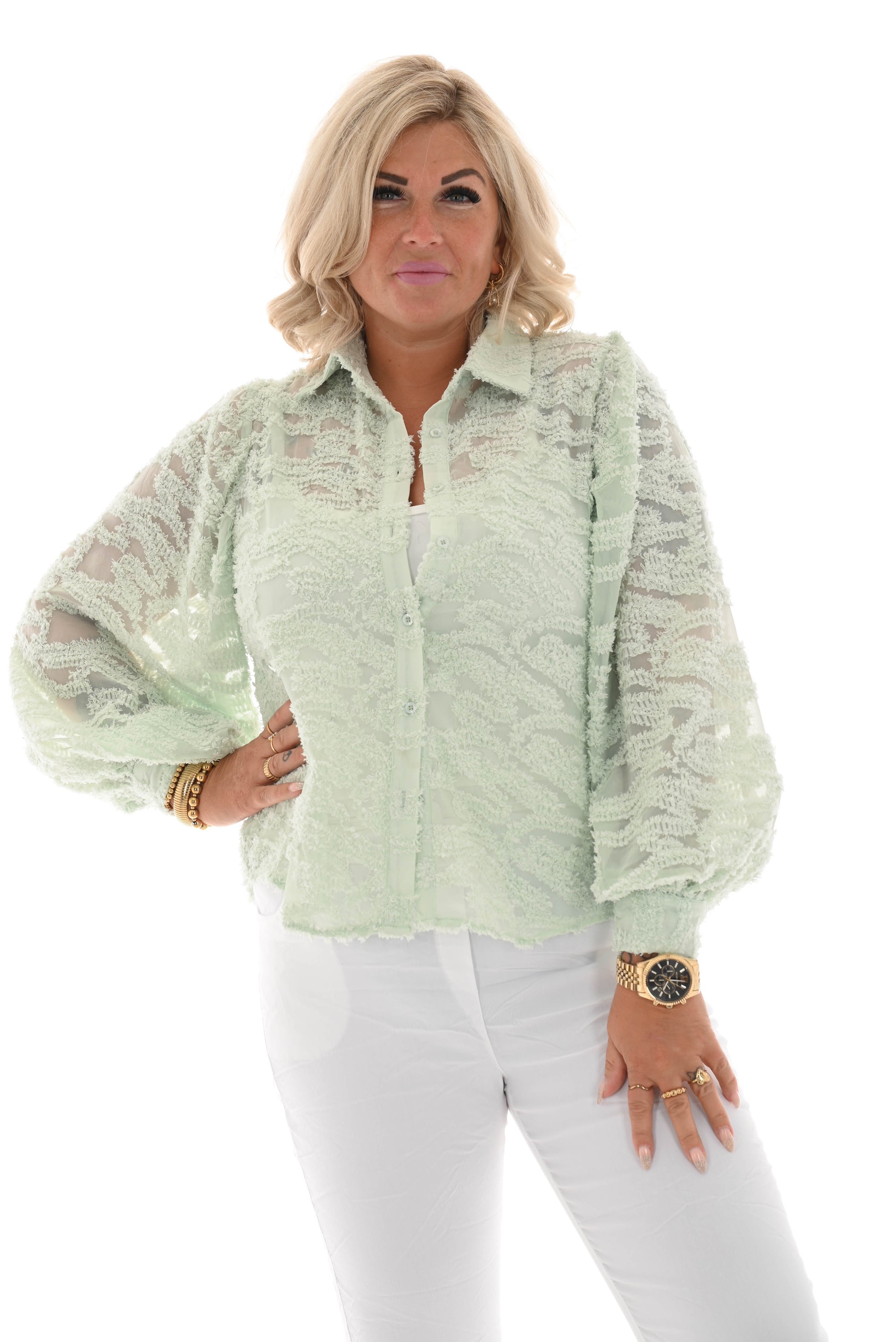 Korte doorknoop blouse rafel lichtgroen