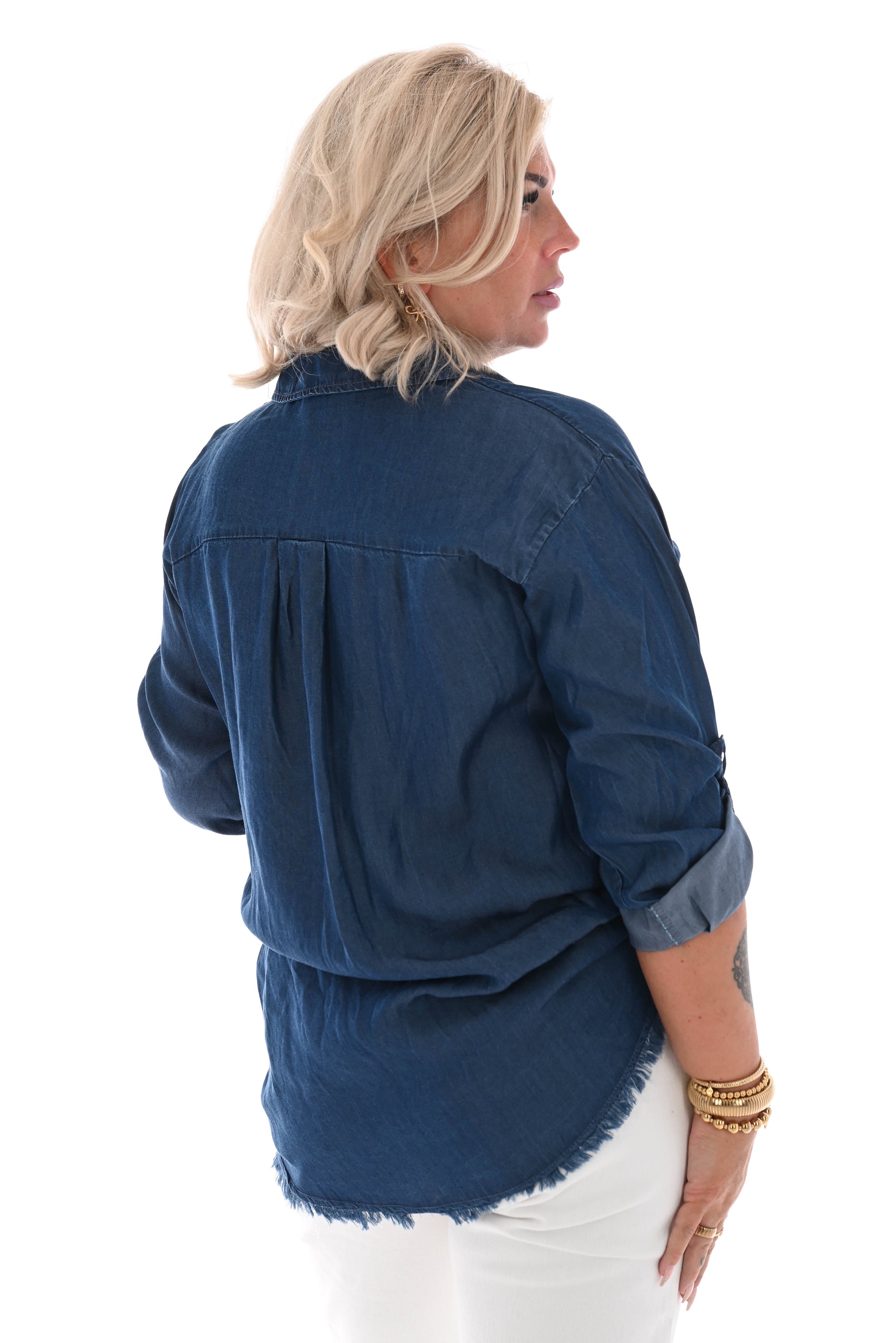 Blouse jeans ophaalmouwen donkerblauw