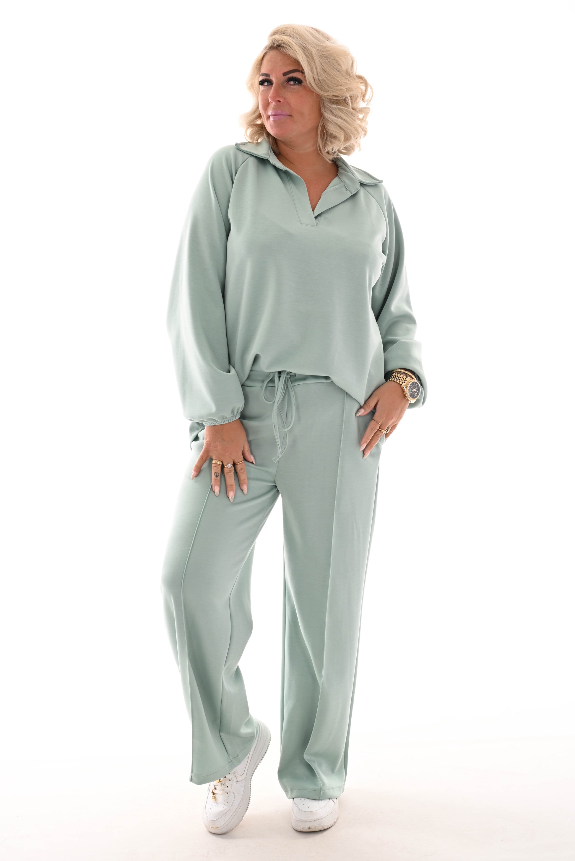 Tweedelig comfy pak met kraag lichtgroen