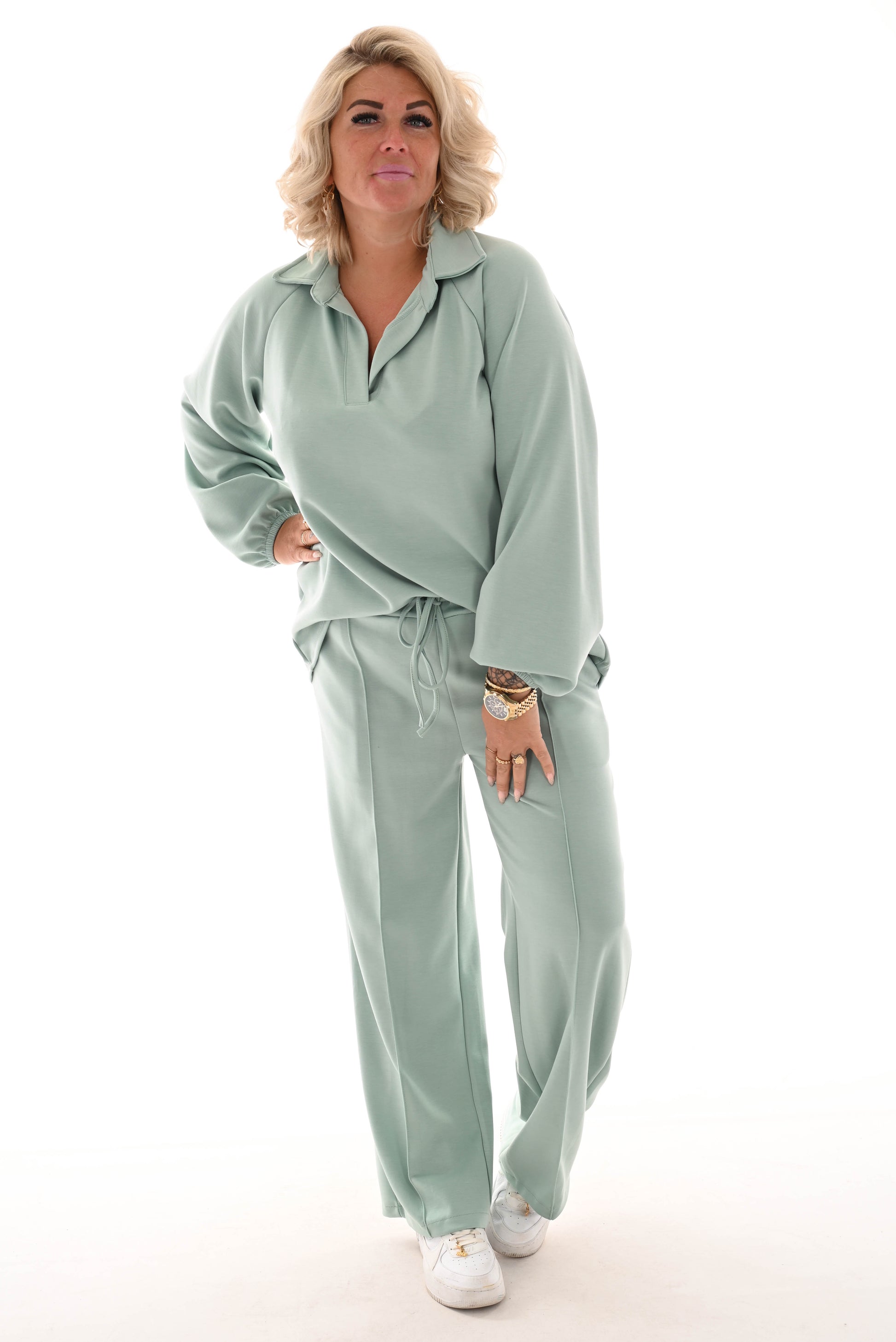 Tweedelig comfy pak met kraag lichtgroen