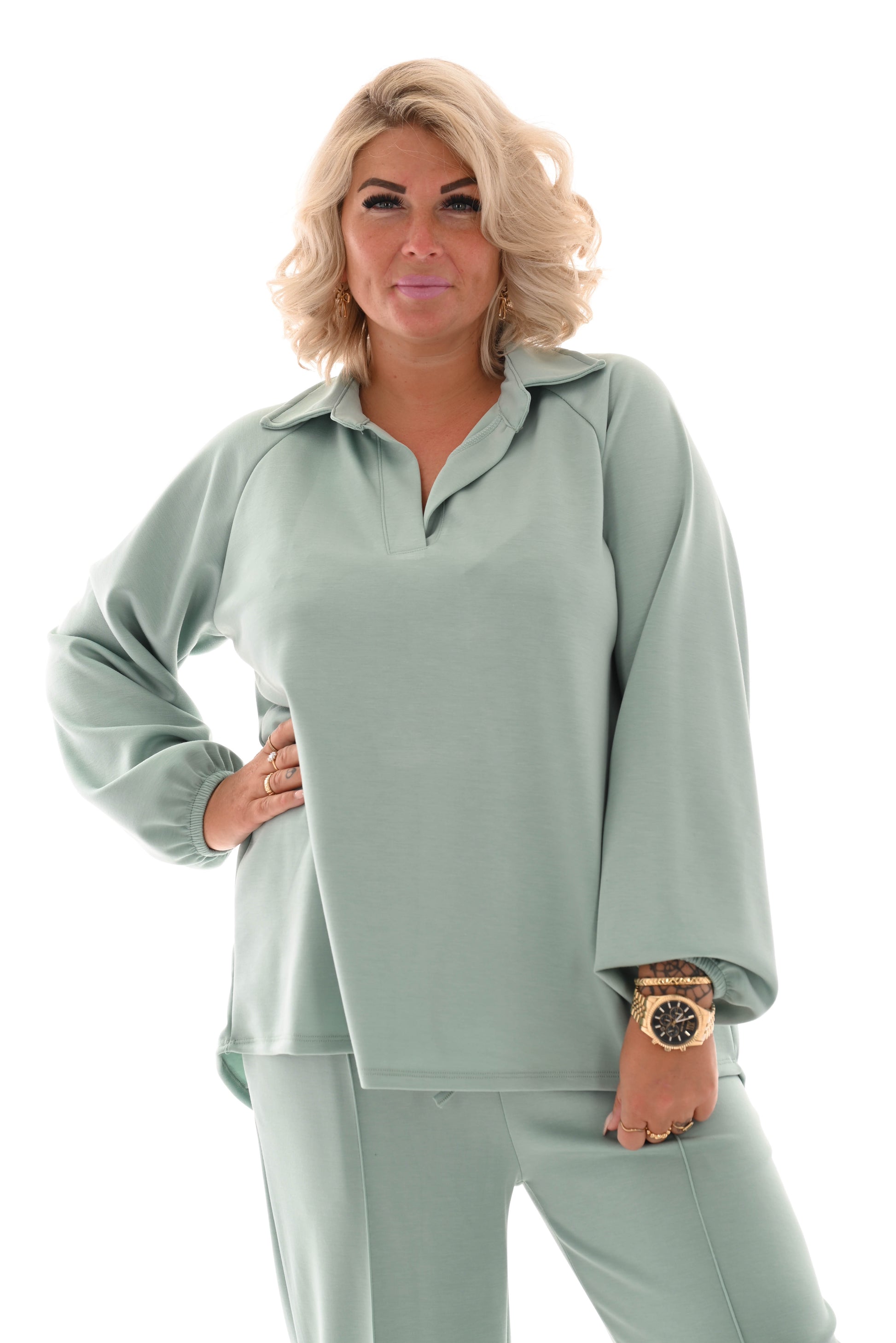 Tweedelig comfy pak met kraag lichtgroen