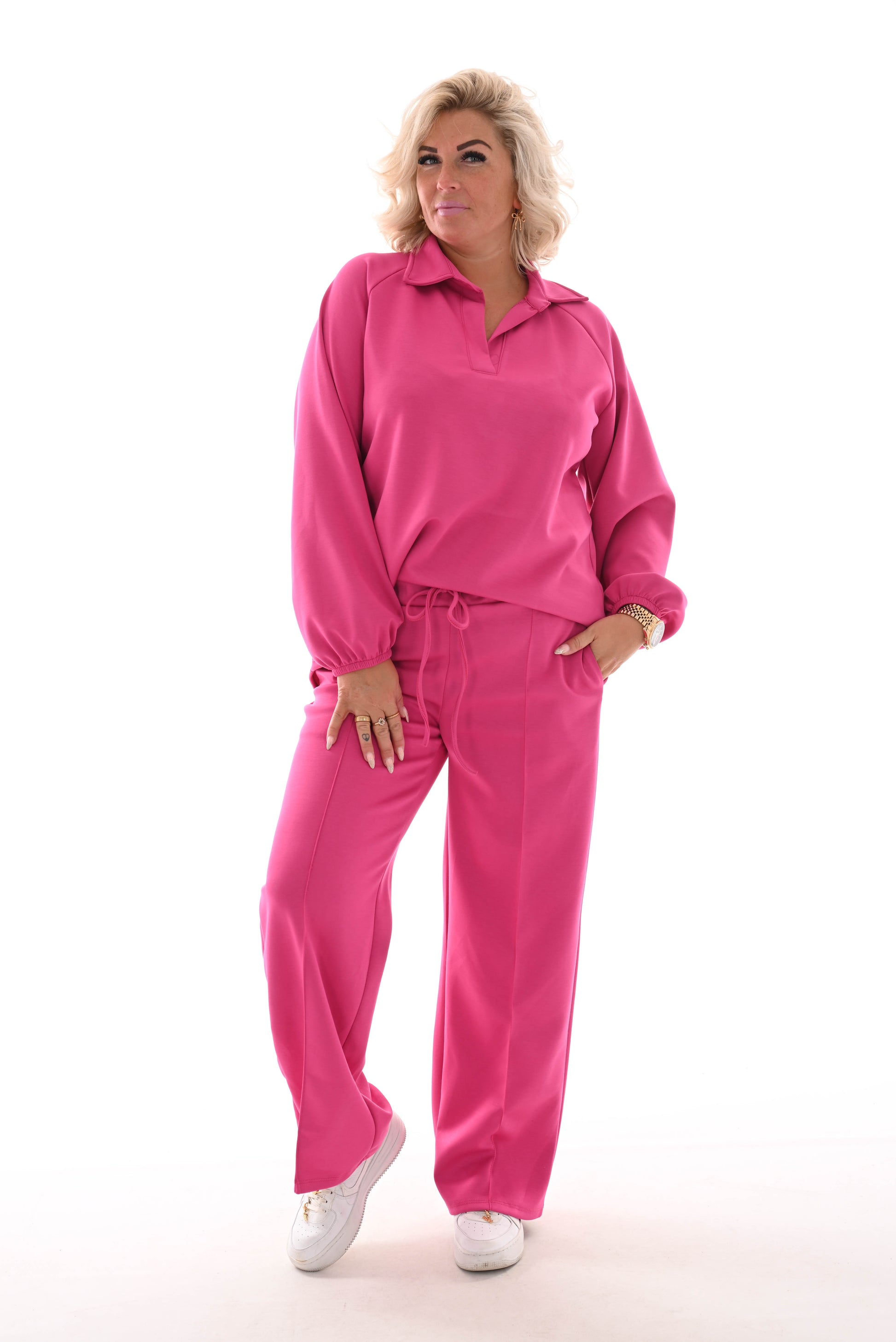 Tweedelig comfy pak met kraag fuchsia