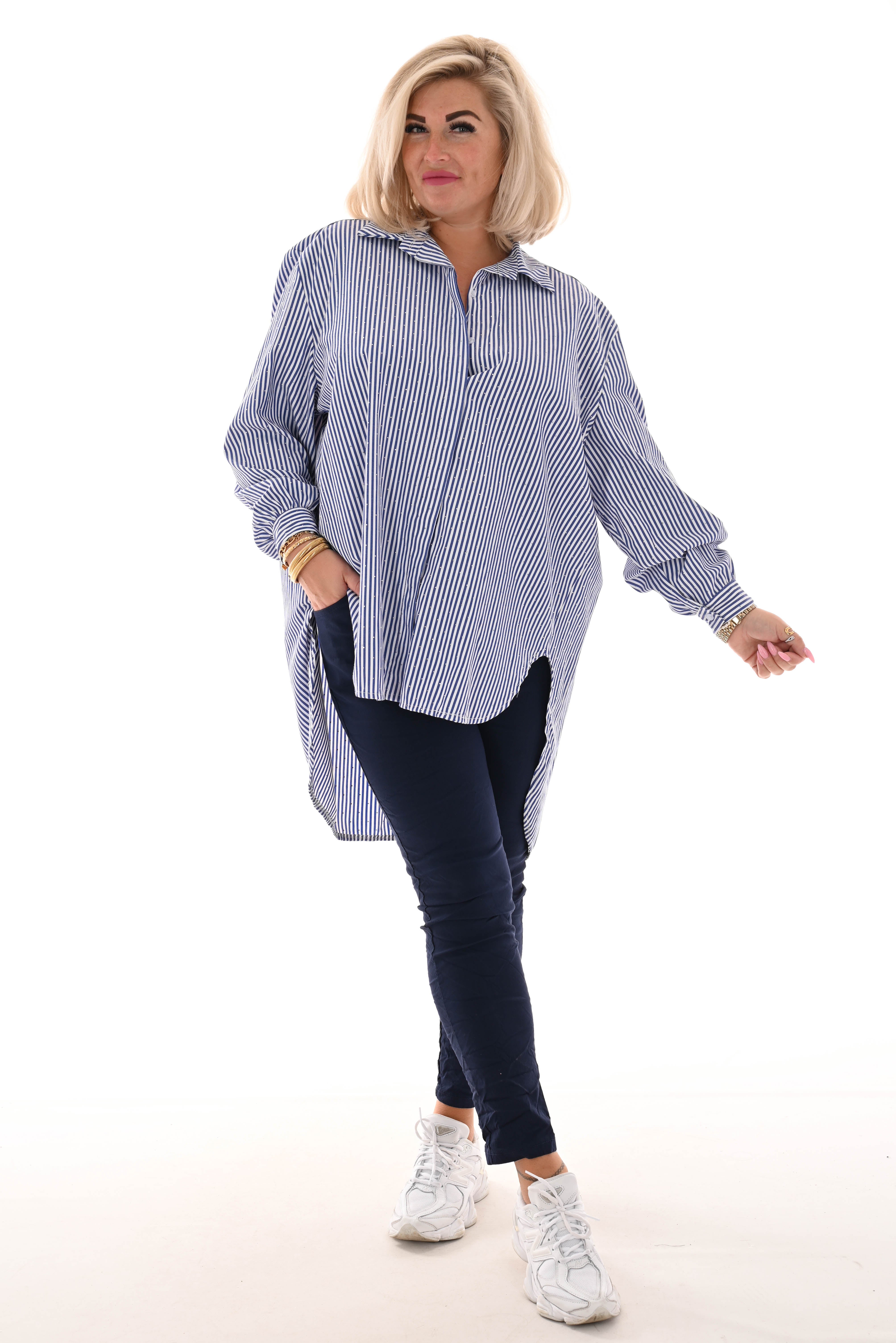 Gestreepte blouse lange achterkant marineblauw