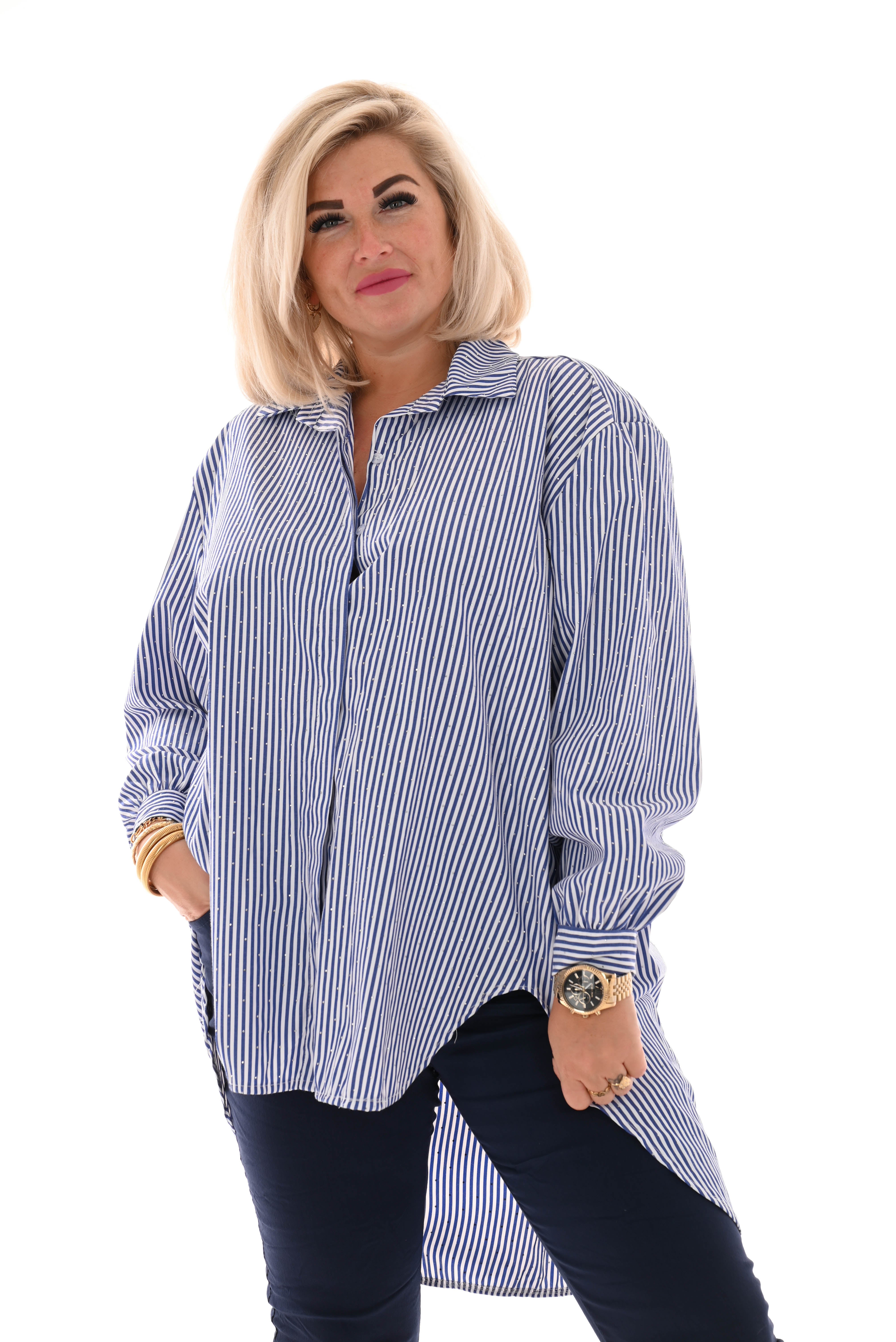 Gestreepte blouse lange achterkant marineblauw