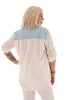 Doorknoop blouse met jeans en rafels beige