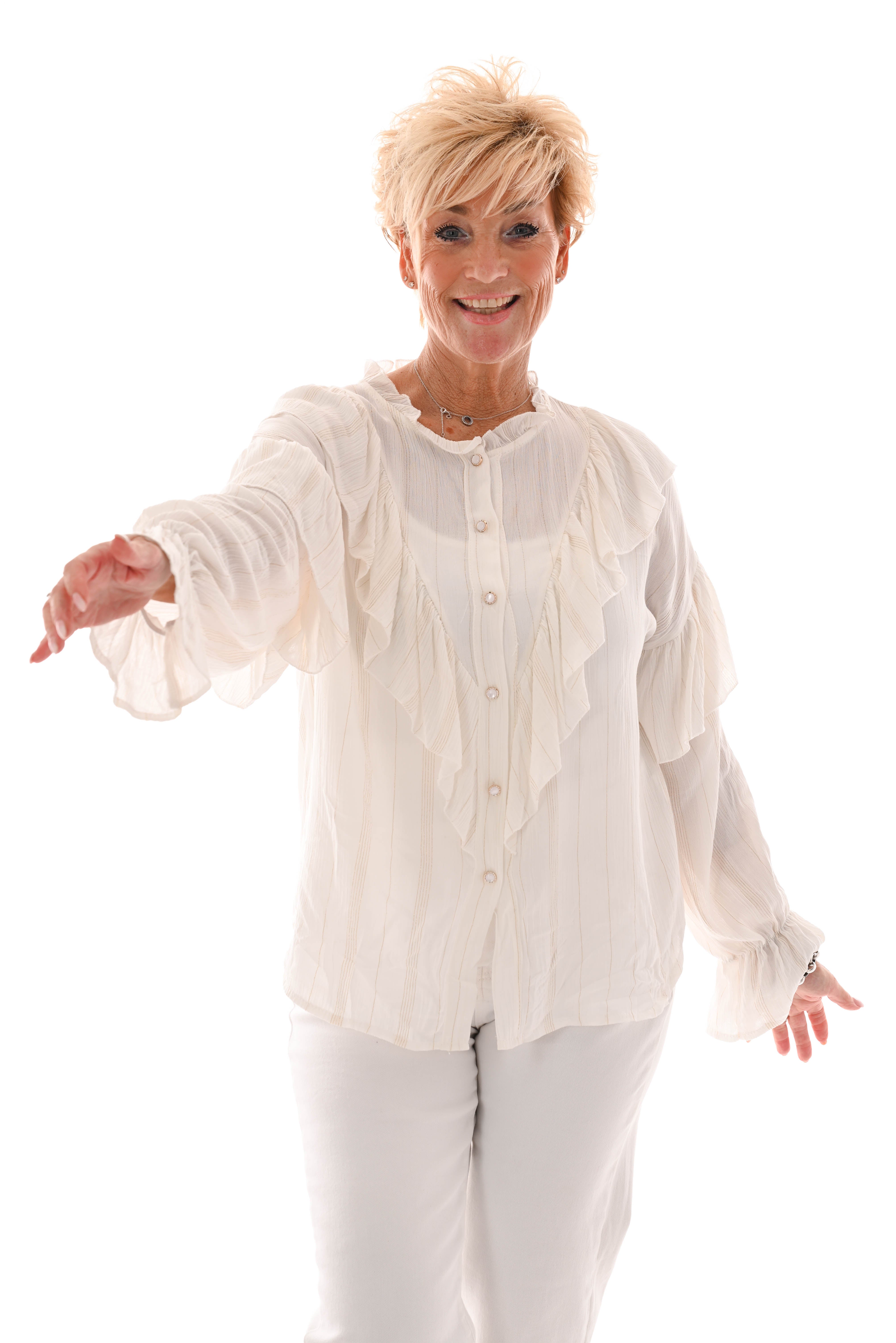 Blouse doorknoop ruffle roomwit