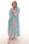 Maxi jurk v-hals mix 3/4e mouwen turquoise