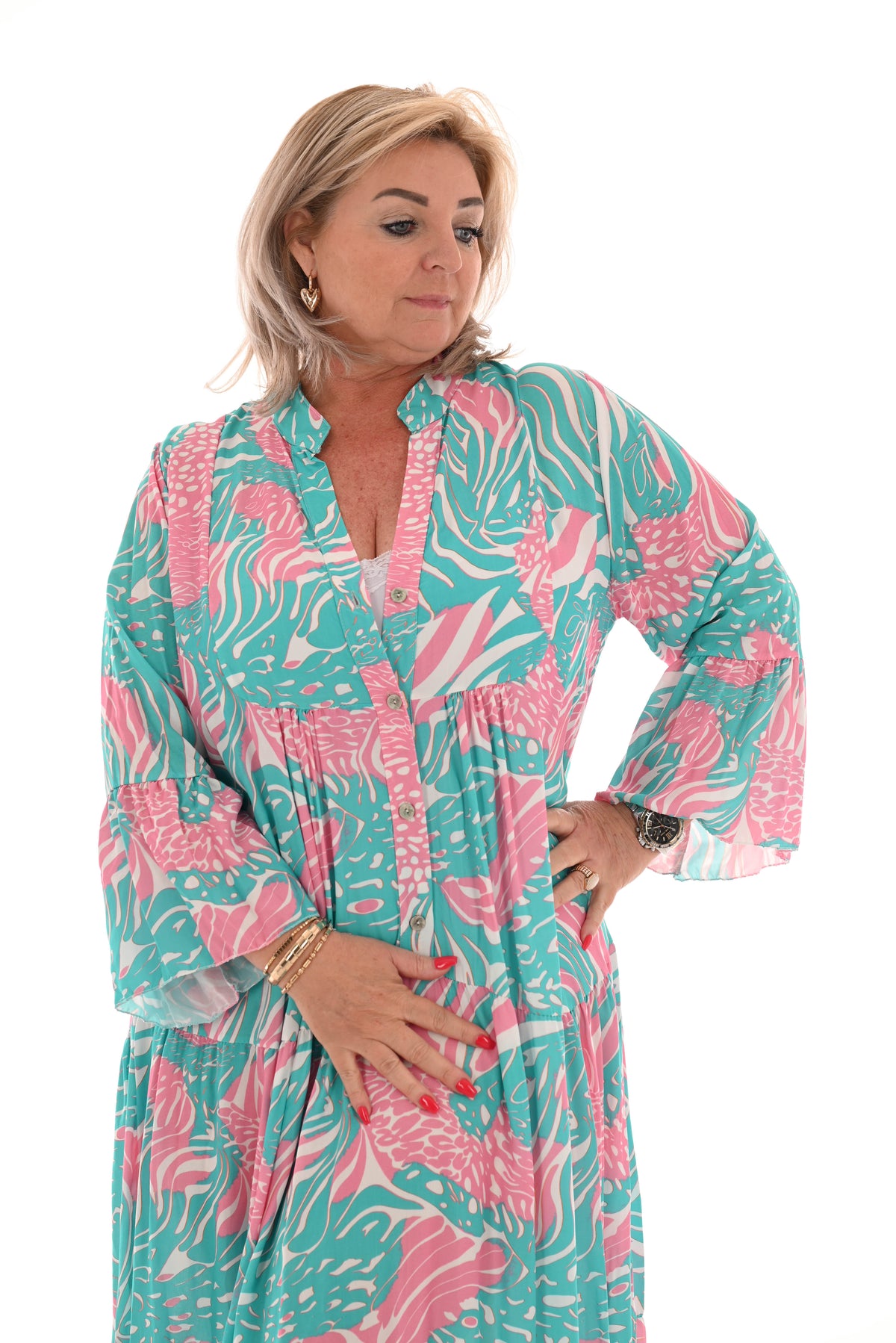 Maxi jurk v-hals mix 3/4e mouwen turquoise