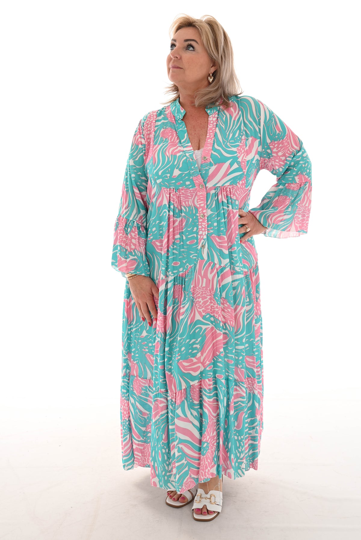Maxi jurk v-hals mix 3/4e mouwen turquoise