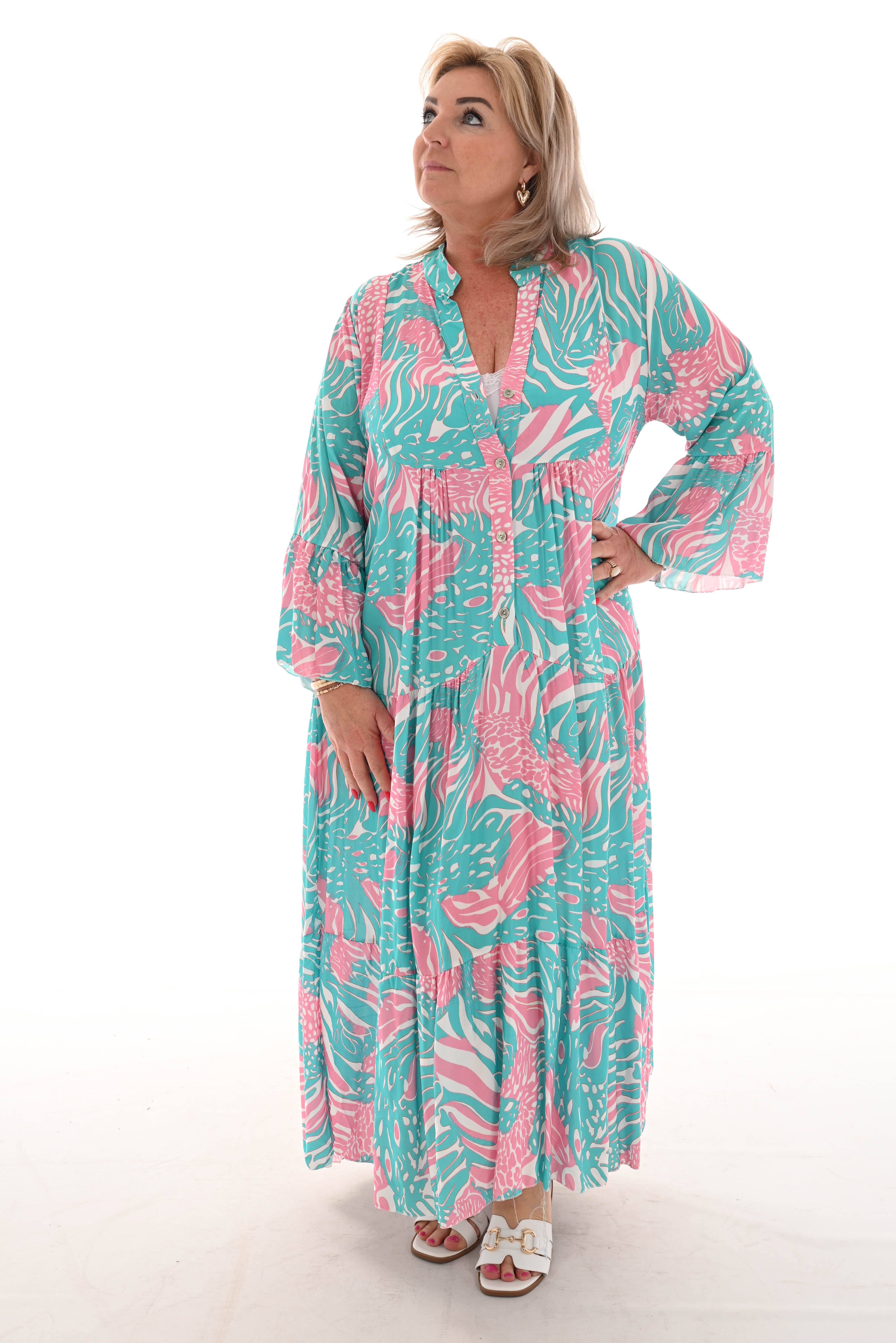Maxi jurk v-hals mix 3/4e mouwen turquoise