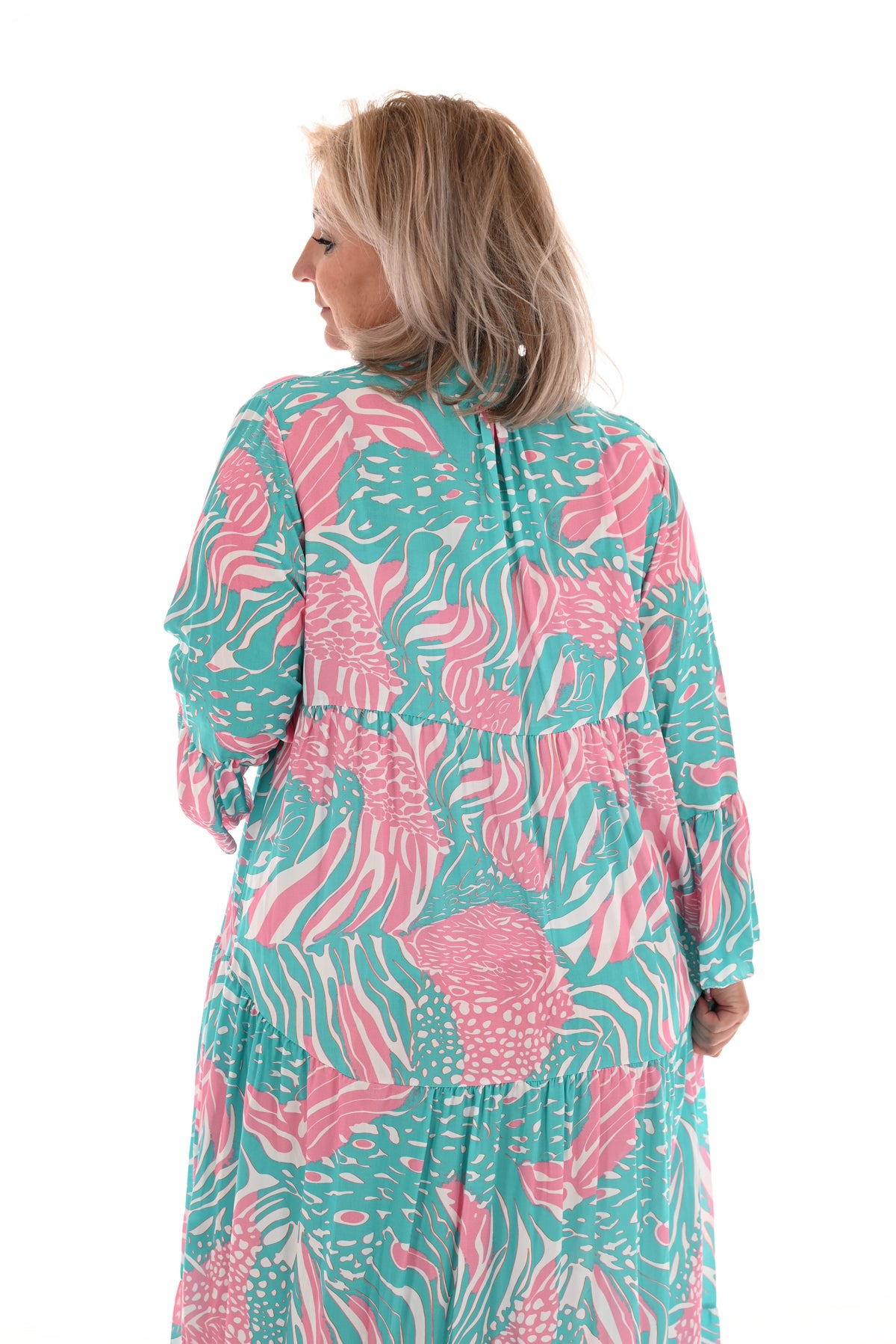 Maxi jurk v-hals mix 3/4e mouwen turquoise