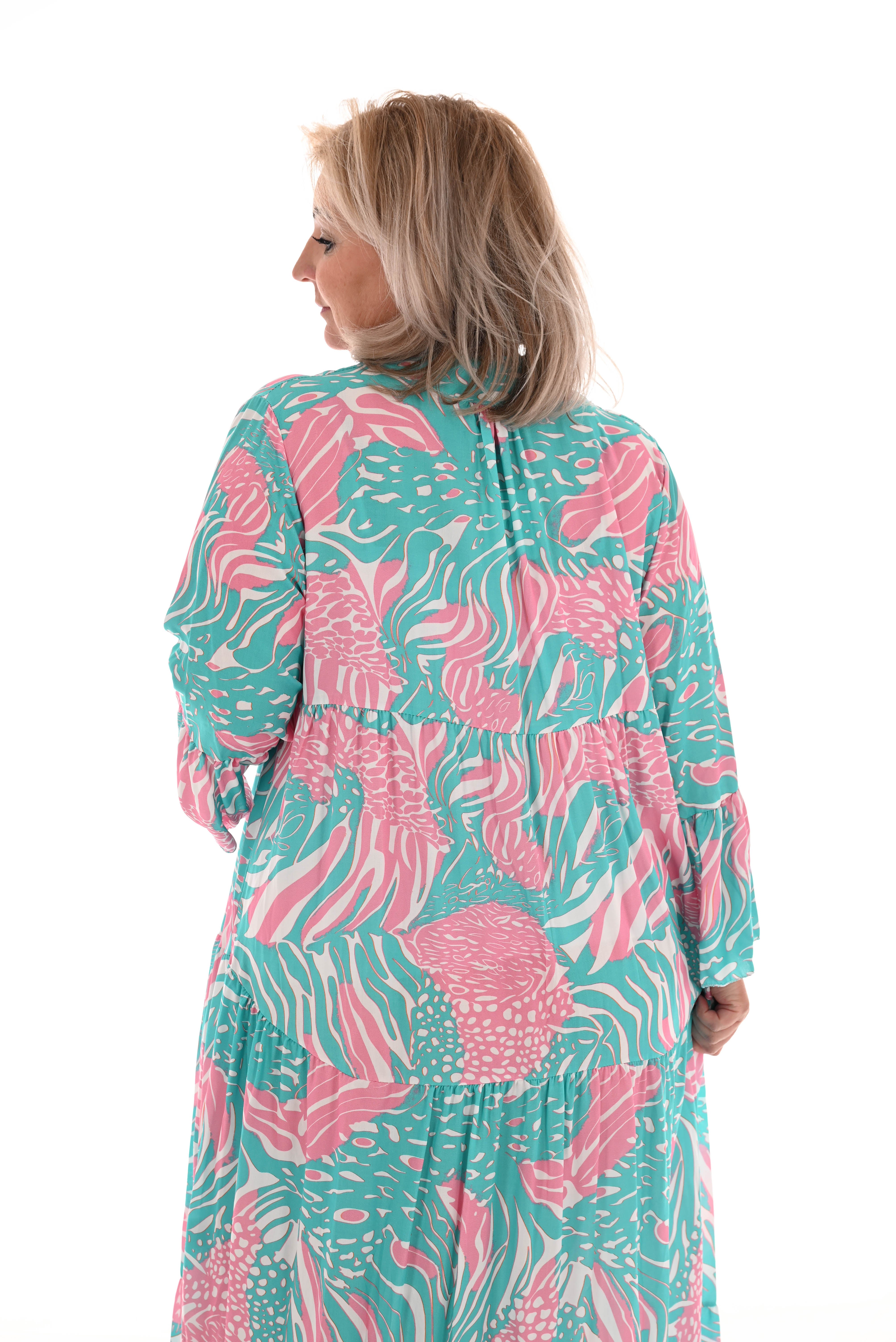 Maxi jurk v-hals mix 3/4e mouwen turquoise
