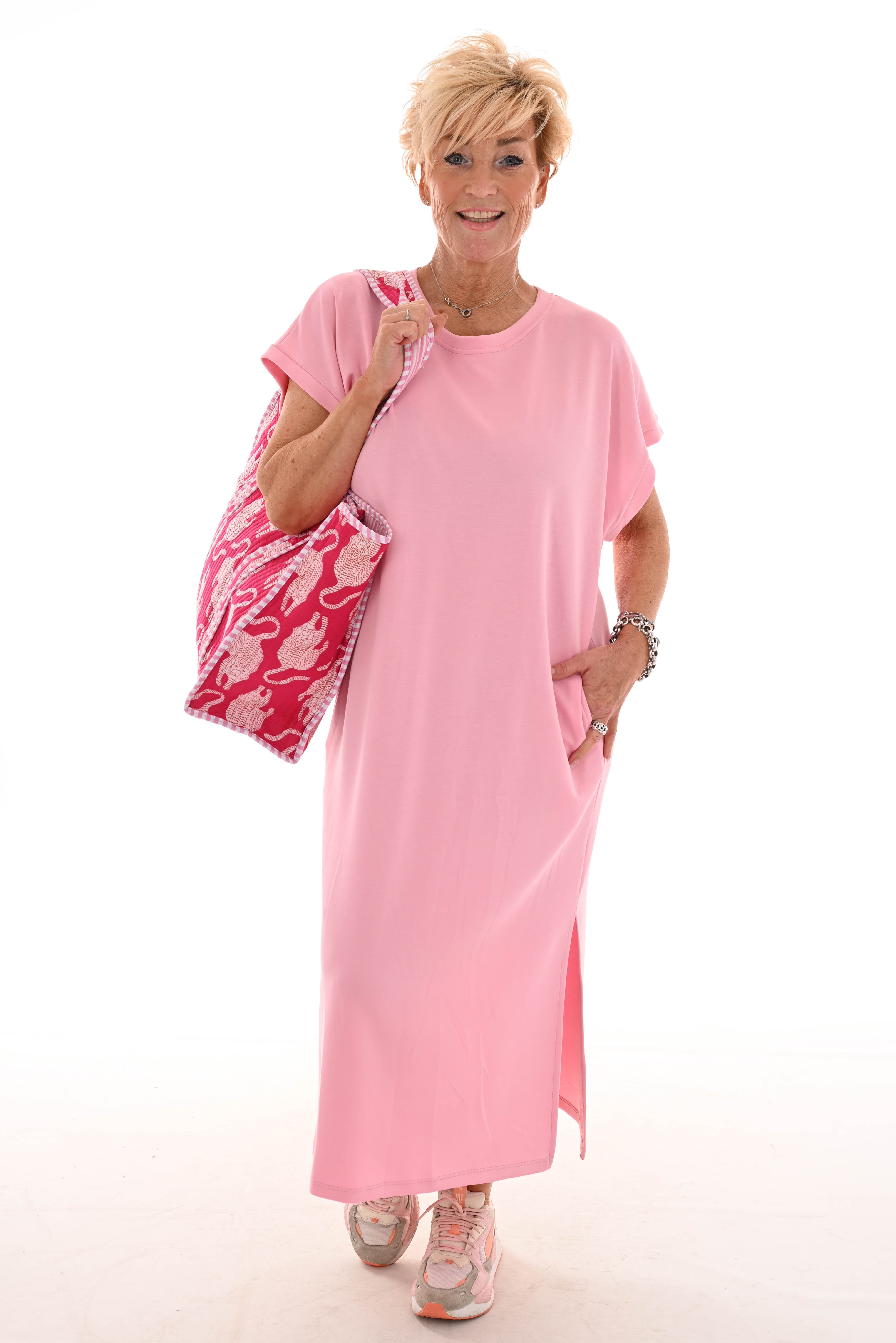 Lange t-shirt dress met zakken uni lichtroze