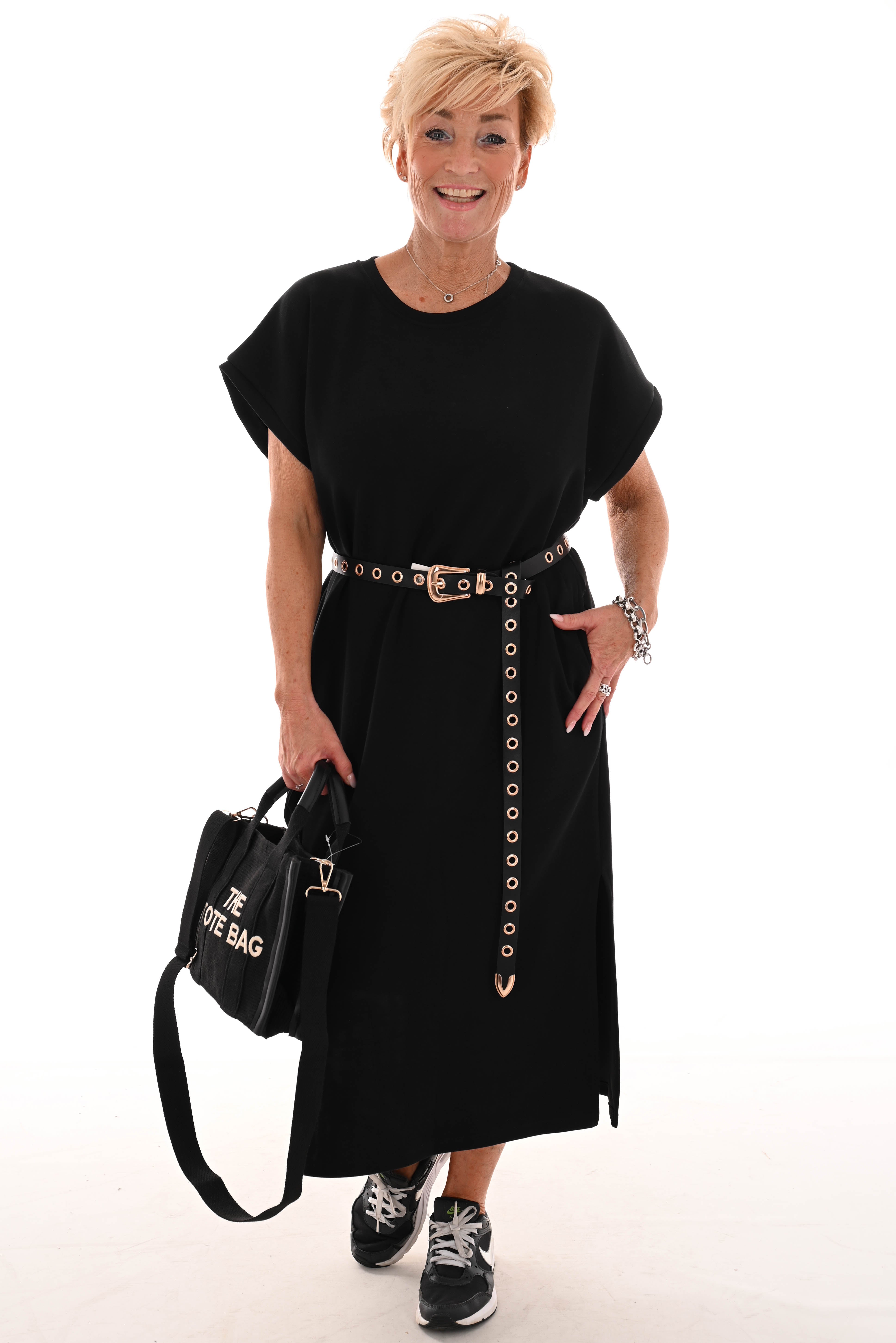 Lange t-shirt dress met zakken uni zwart