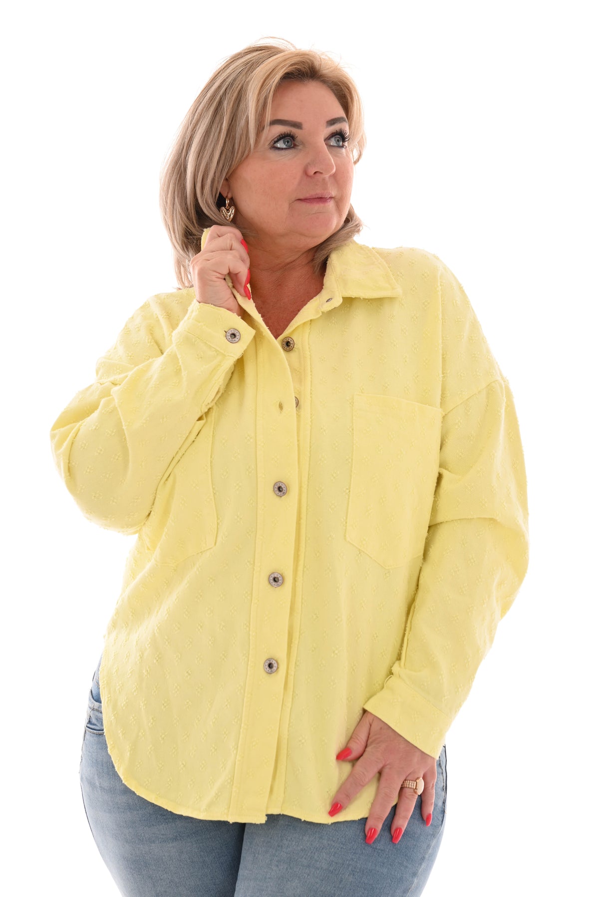 Denim blouse bewerkt geel