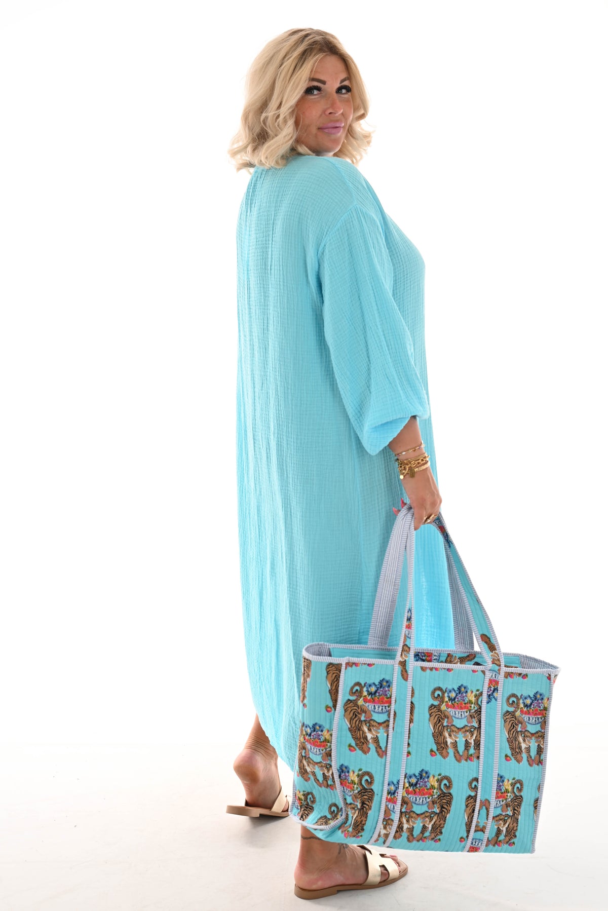 Lange doorknoop jurk wafel blauw