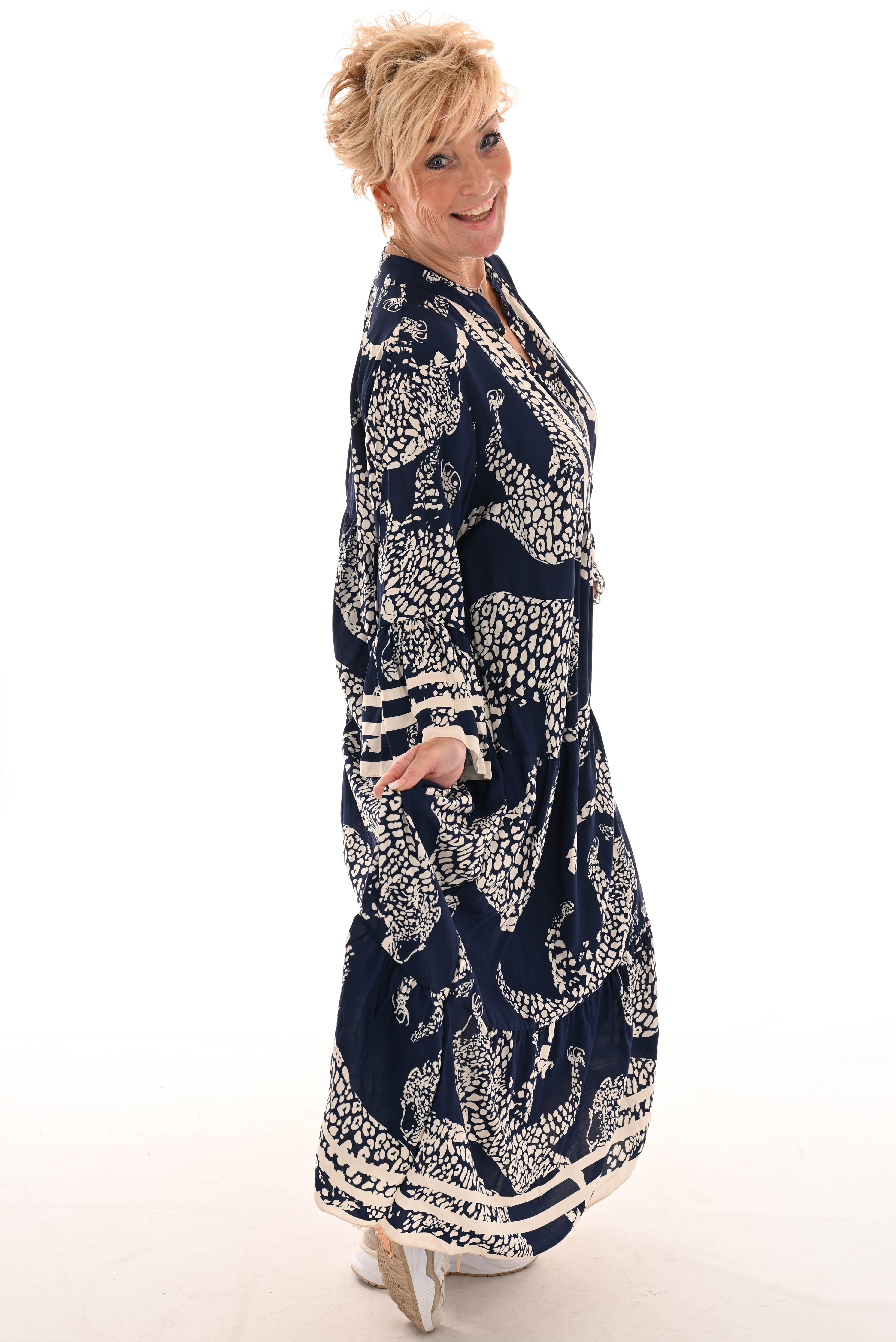 Maxi jurk v-hals panters 3/4e mouwen marineblauw