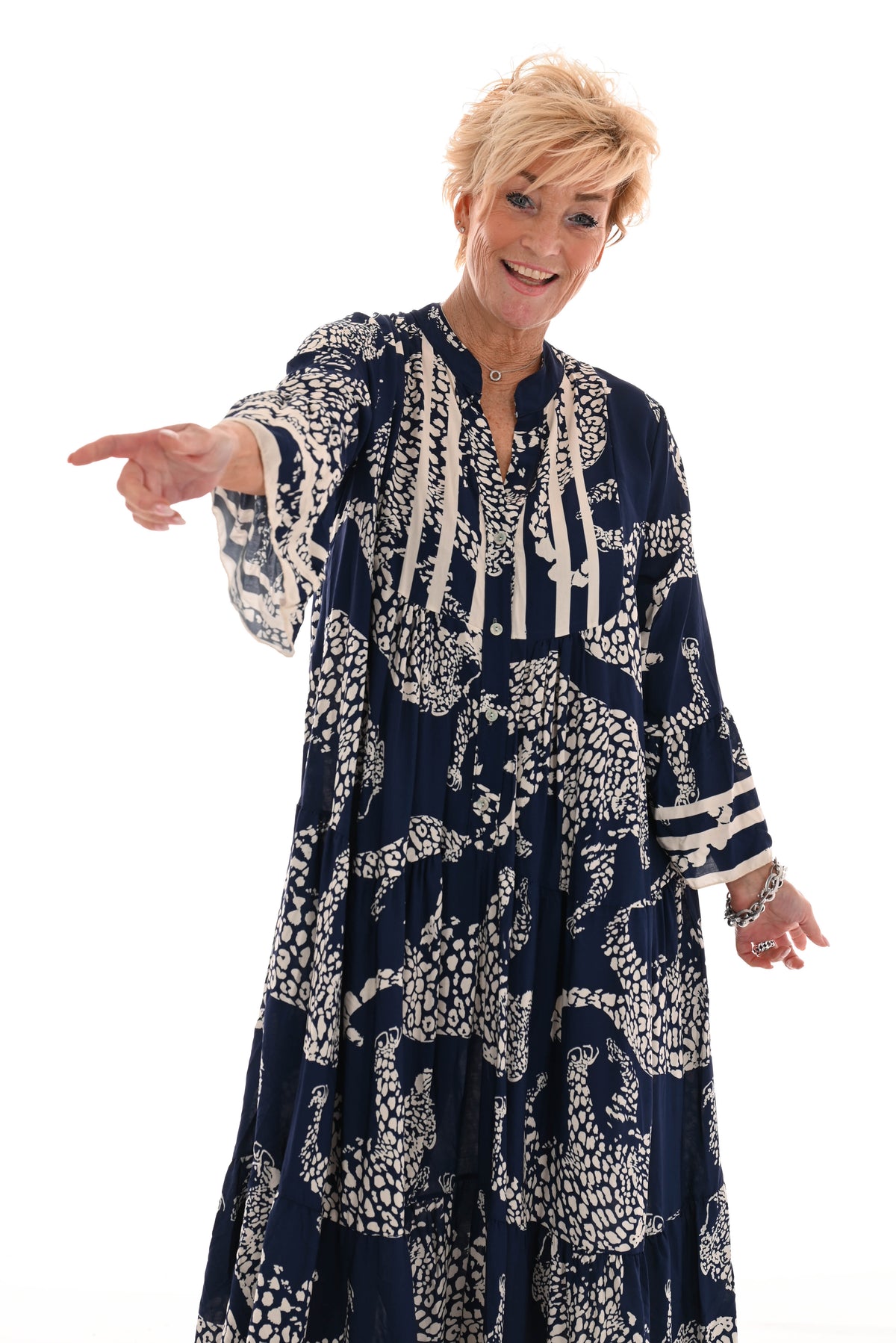 Maxi jurk v-hals panters 3/4e mouwen marineblauw