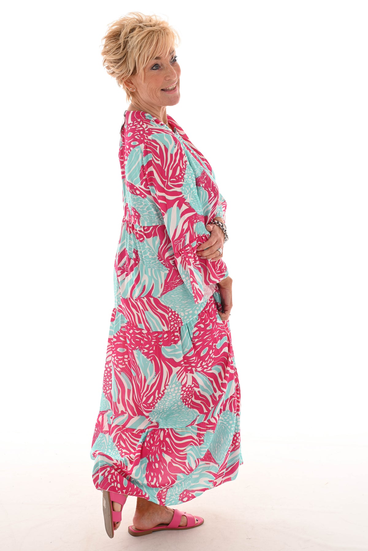 Maxi jurk v-hals mix 3/4e mouwen fuchsia