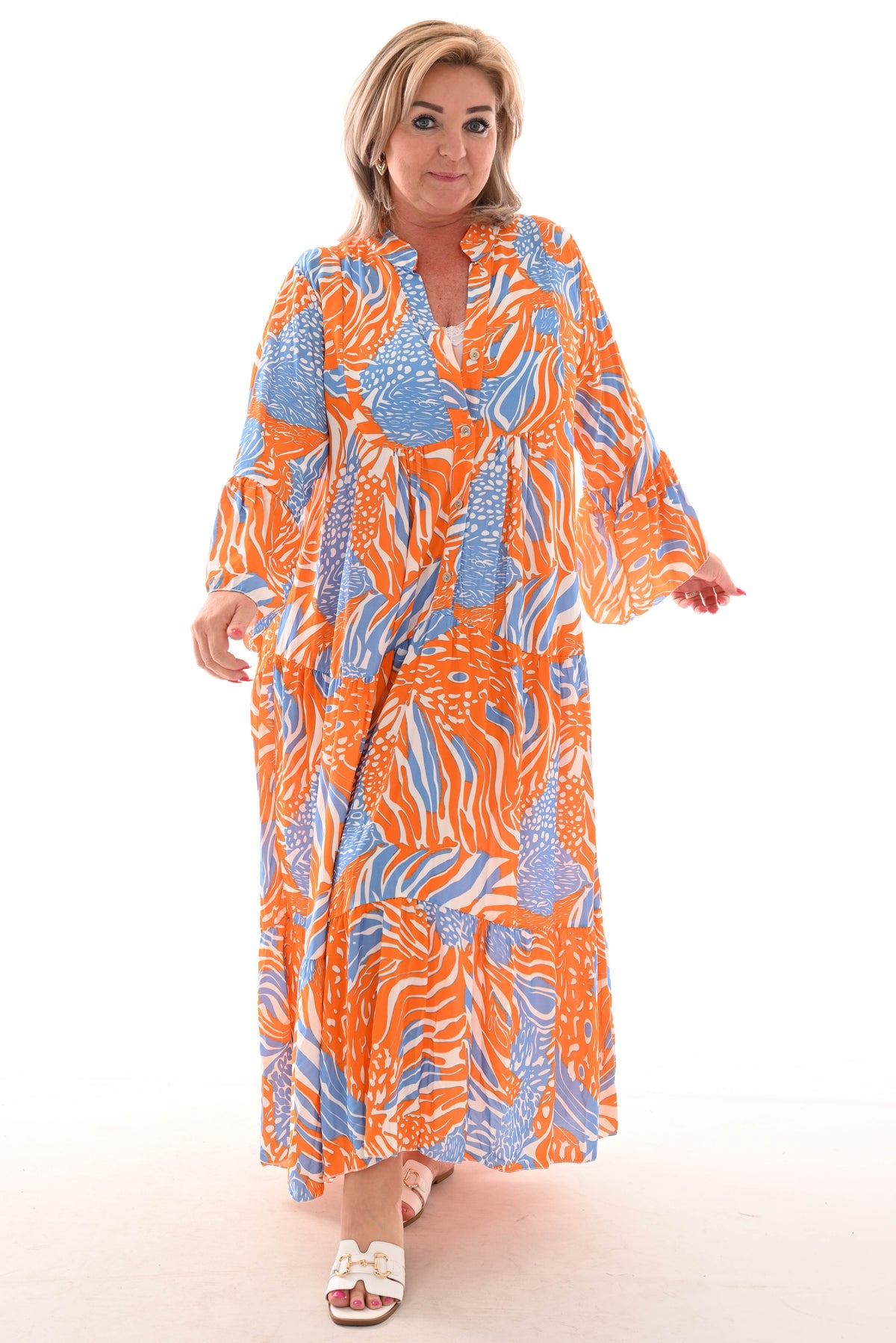 Maxi jurk v-hals mix 3/4e mouwen oranje
