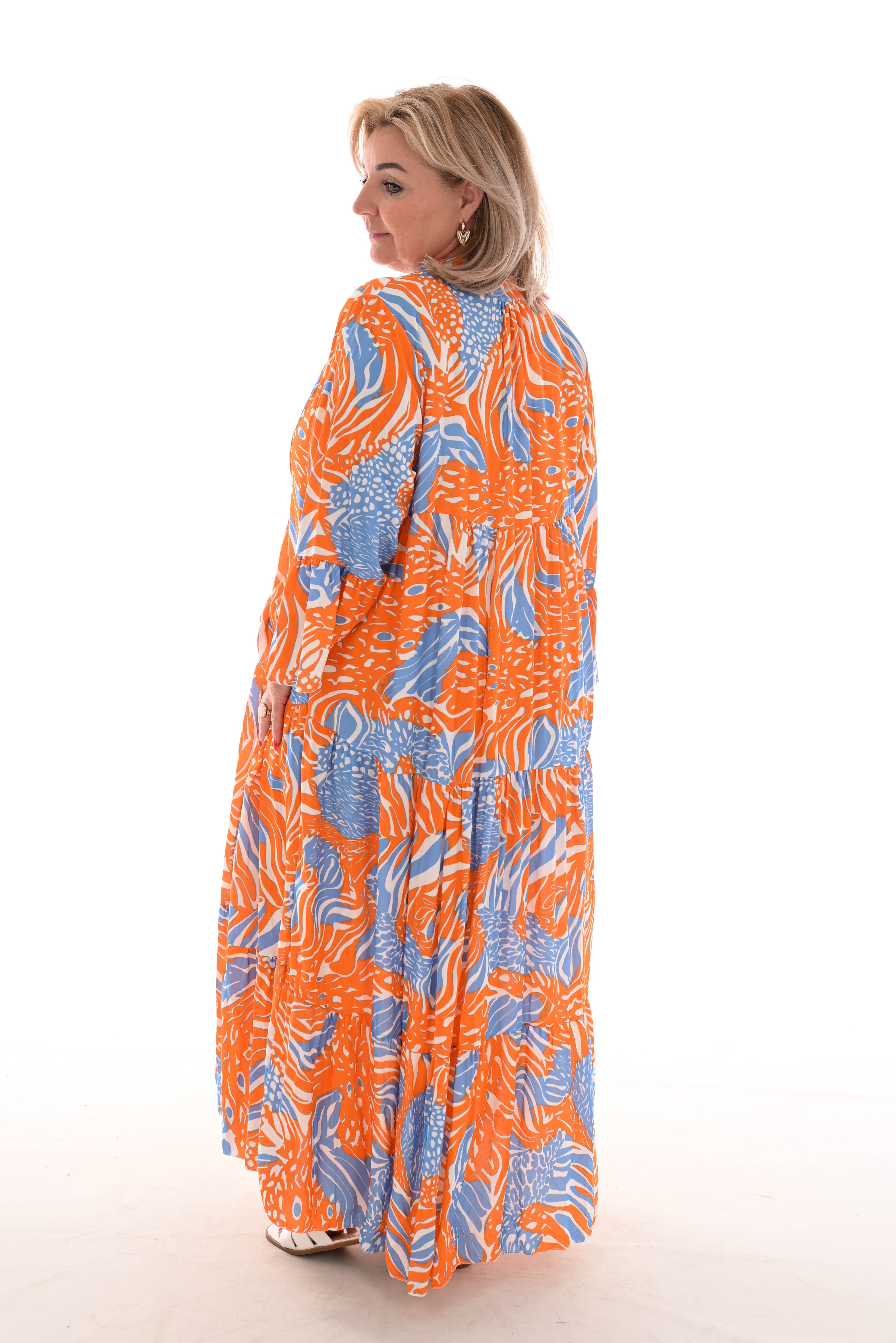Maxi jurk v-hals mix 3/4e mouwen oranje