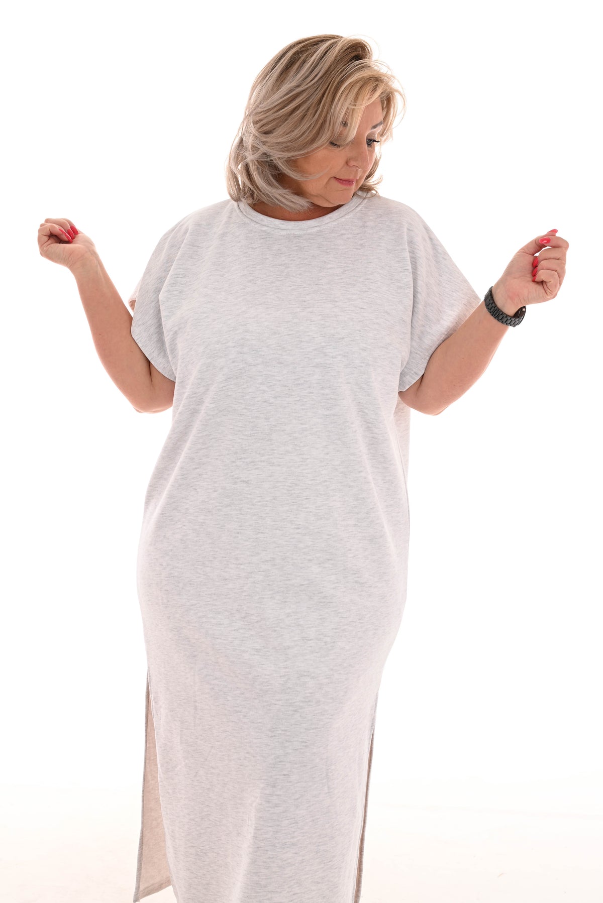 Sweater dress korte mouwen splitten lichtgrijs