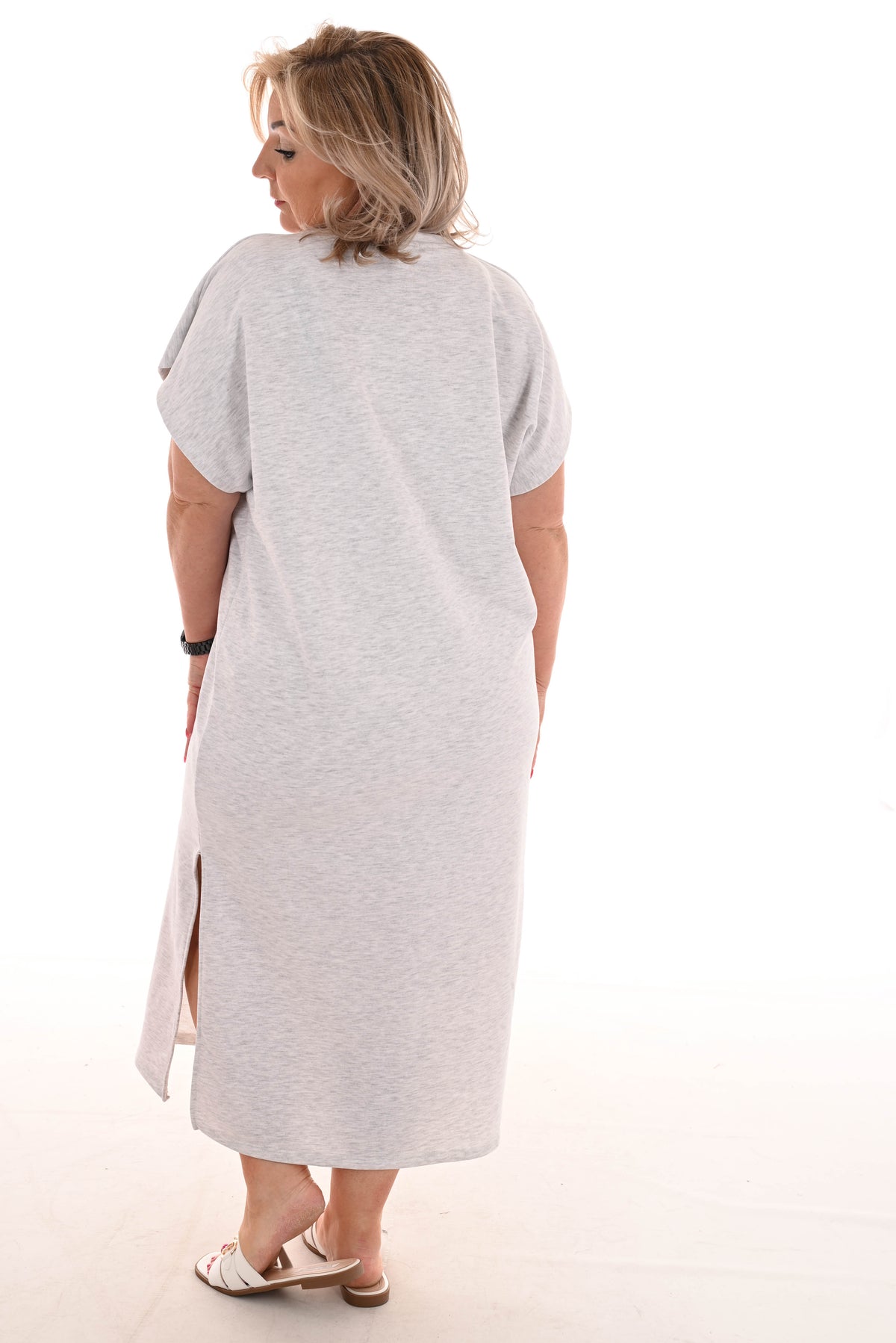 Sweater dress korte mouwen splitten lichtgrijs