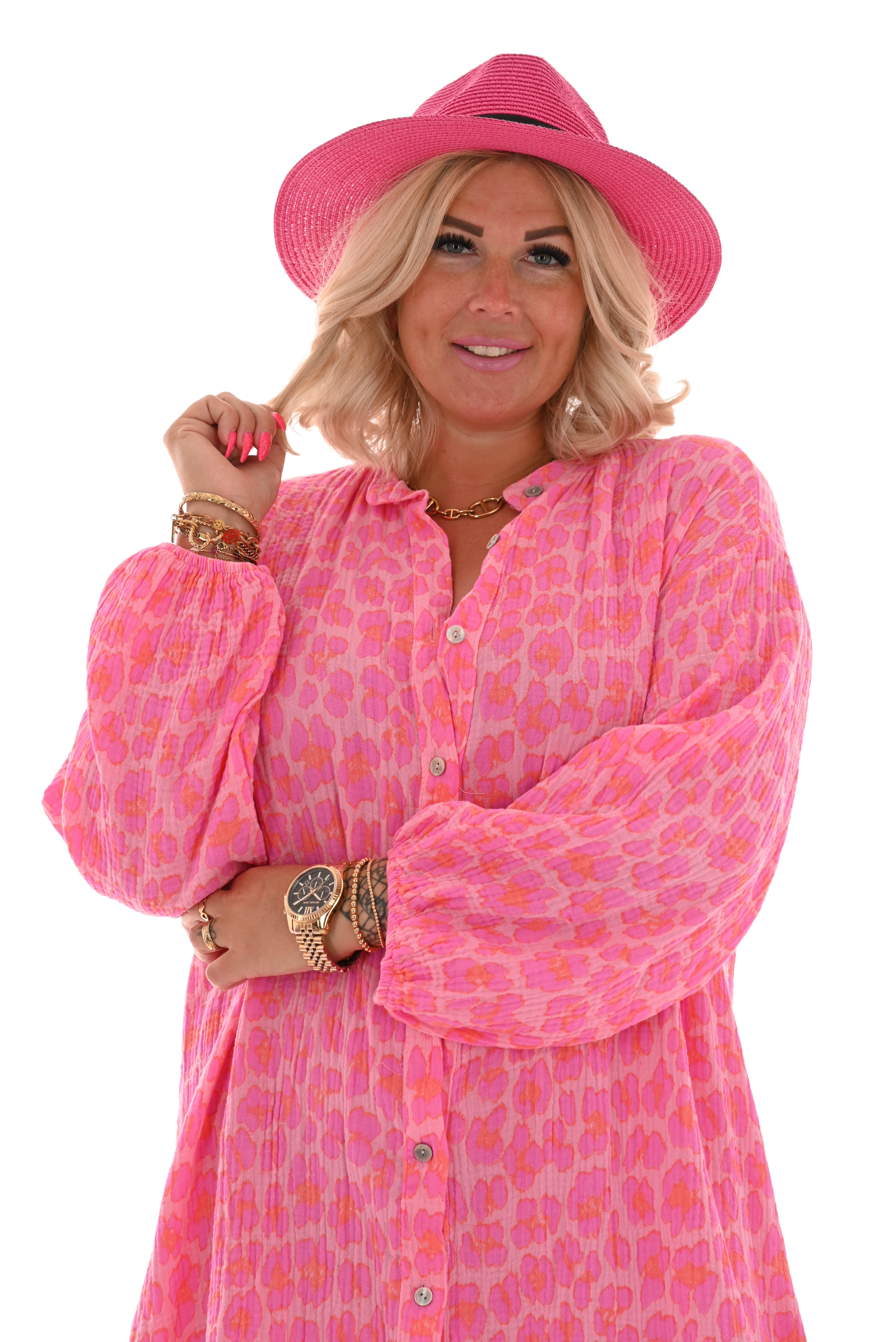 Lange doorknoop jurk wafel panterprint lichtroze/roze