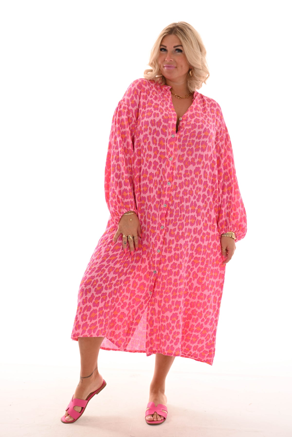 Lange doorknoop jurk wafel panterprint lichtroze/fuchsia