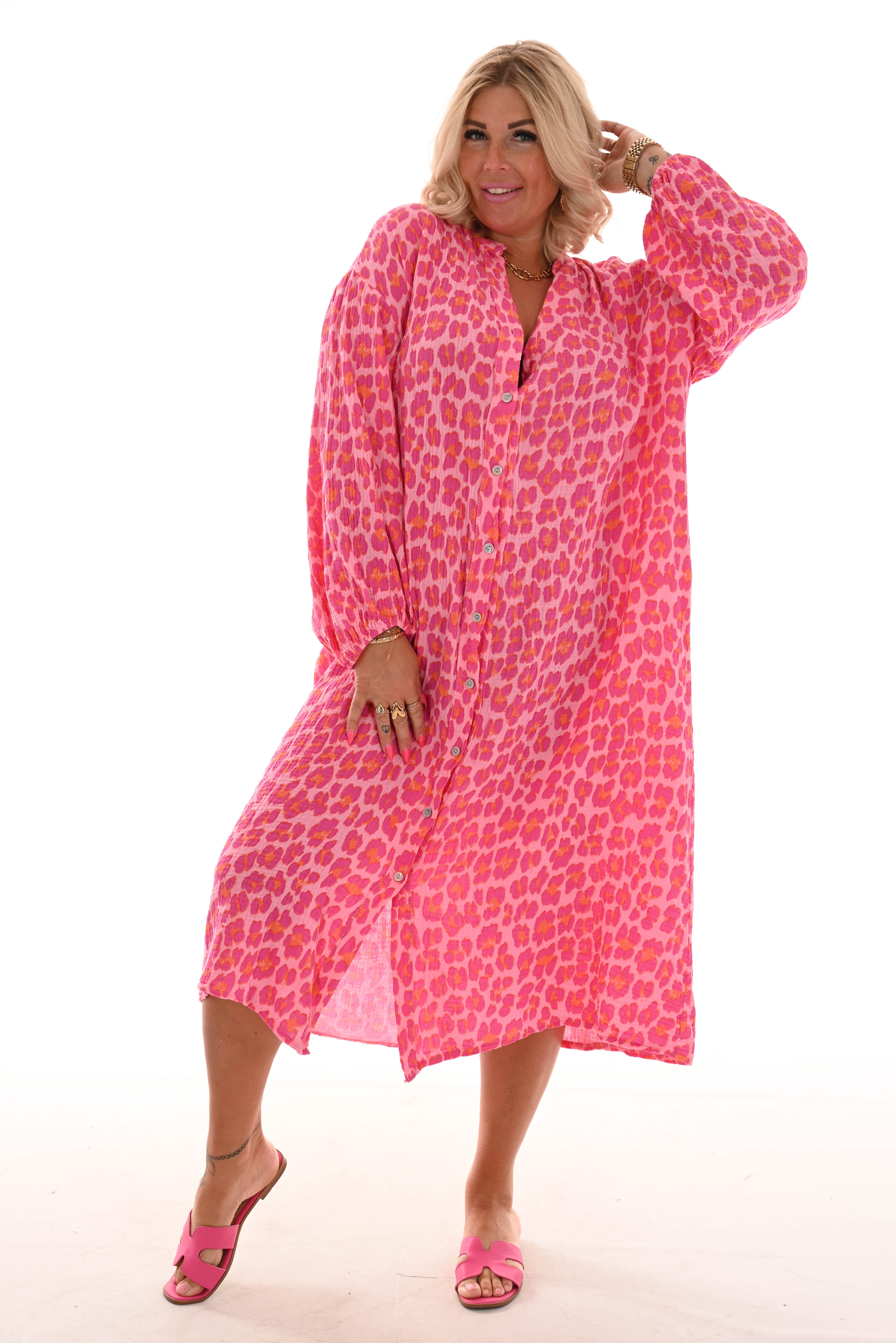 Lange doorknoop jurk wafel panterprint lichtroze/fuchsia