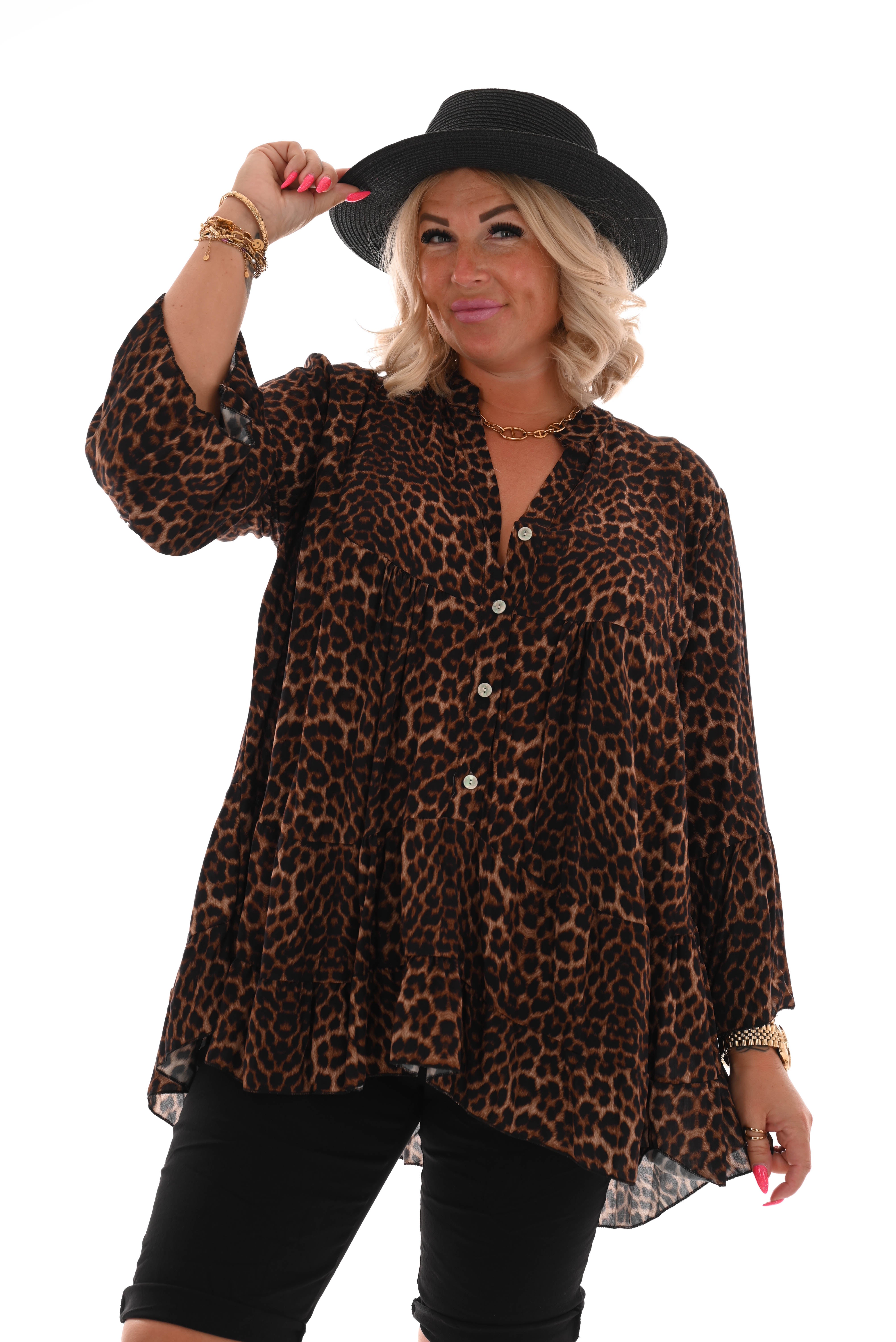 Top v-hals 3/4e mouwen panter/donkerbruin