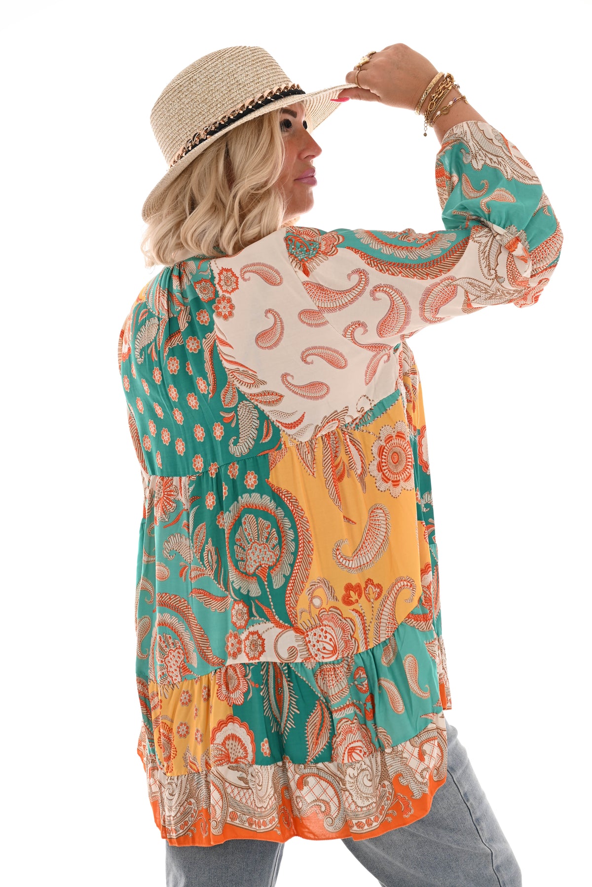 Top v-hals barok 3/4e mouwen turquoise