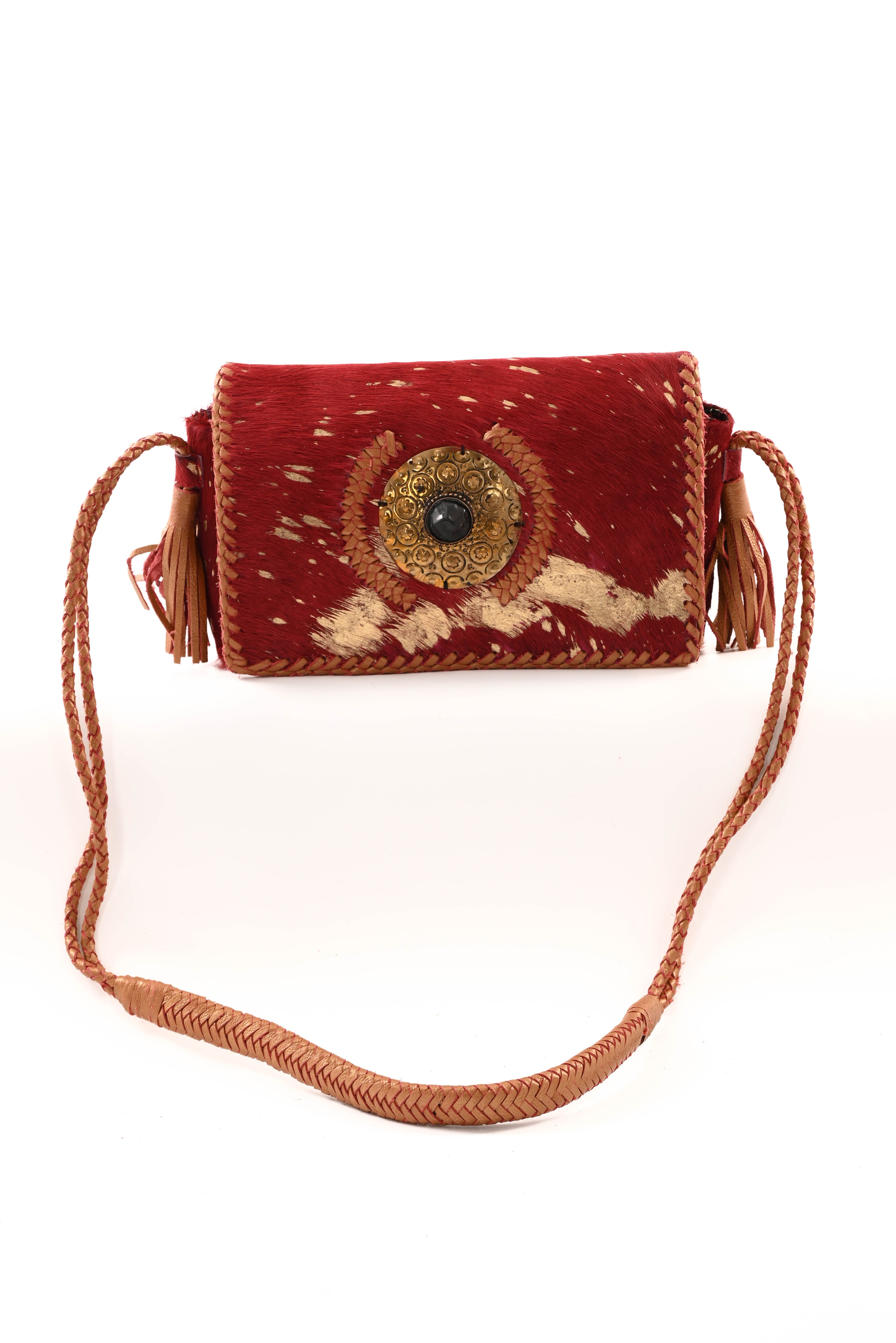 Ibiza stijl tas met vacht bordeaux