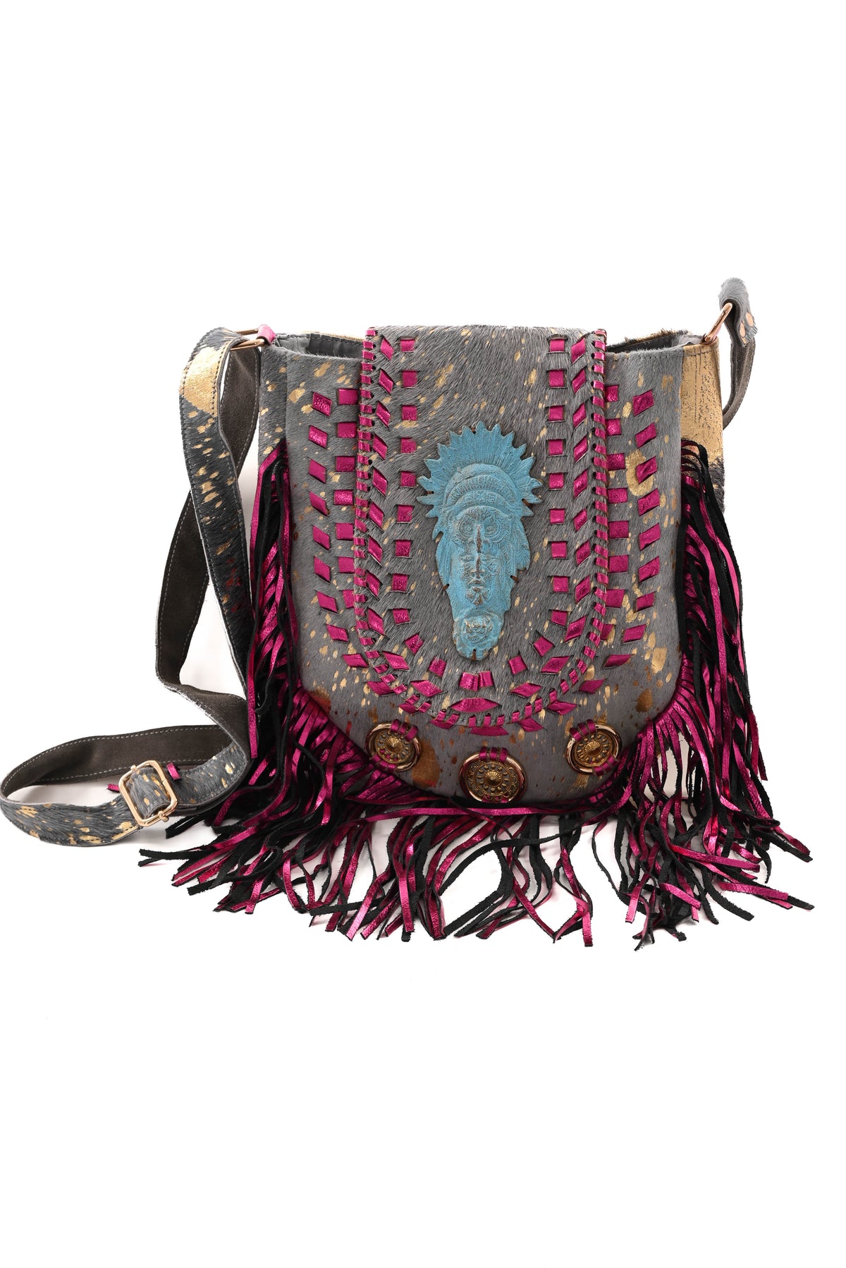 Ibiza stijl tas met franjes fuchsia/zwart